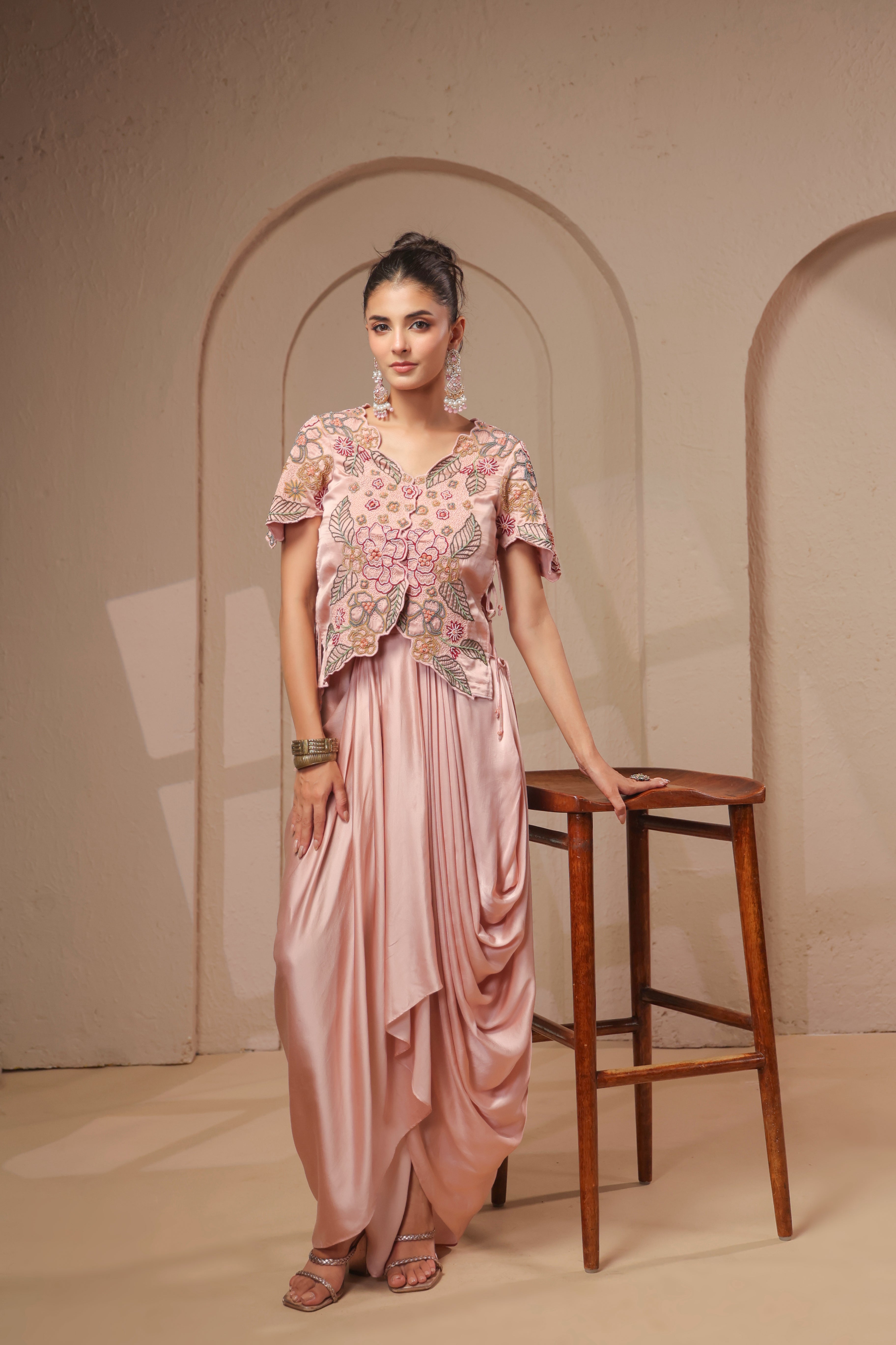 Rose Gold Embellished Modal Satin Silk Skirt Set