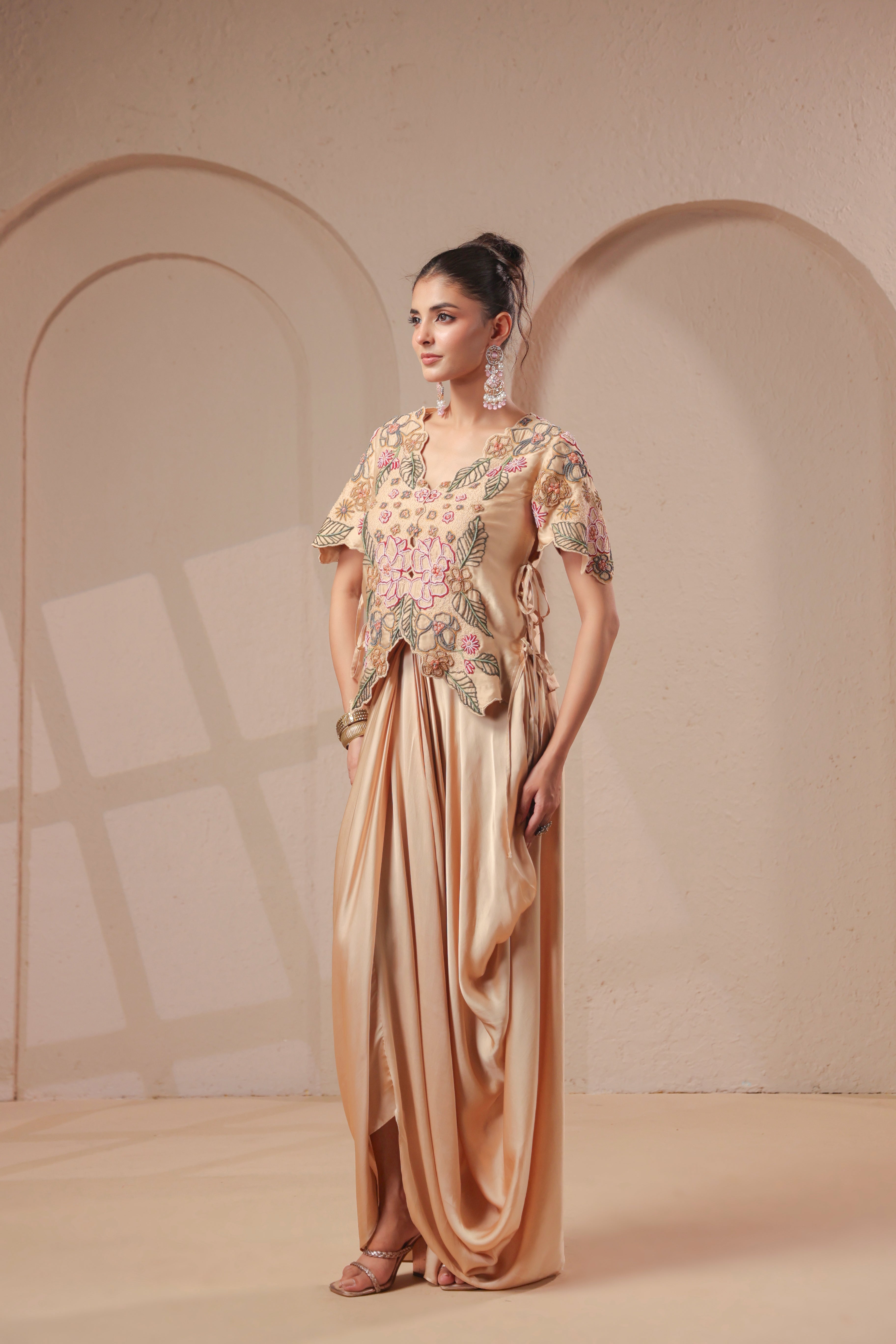 Gold Beige Embellished Modal Satin Silk Skirt Set