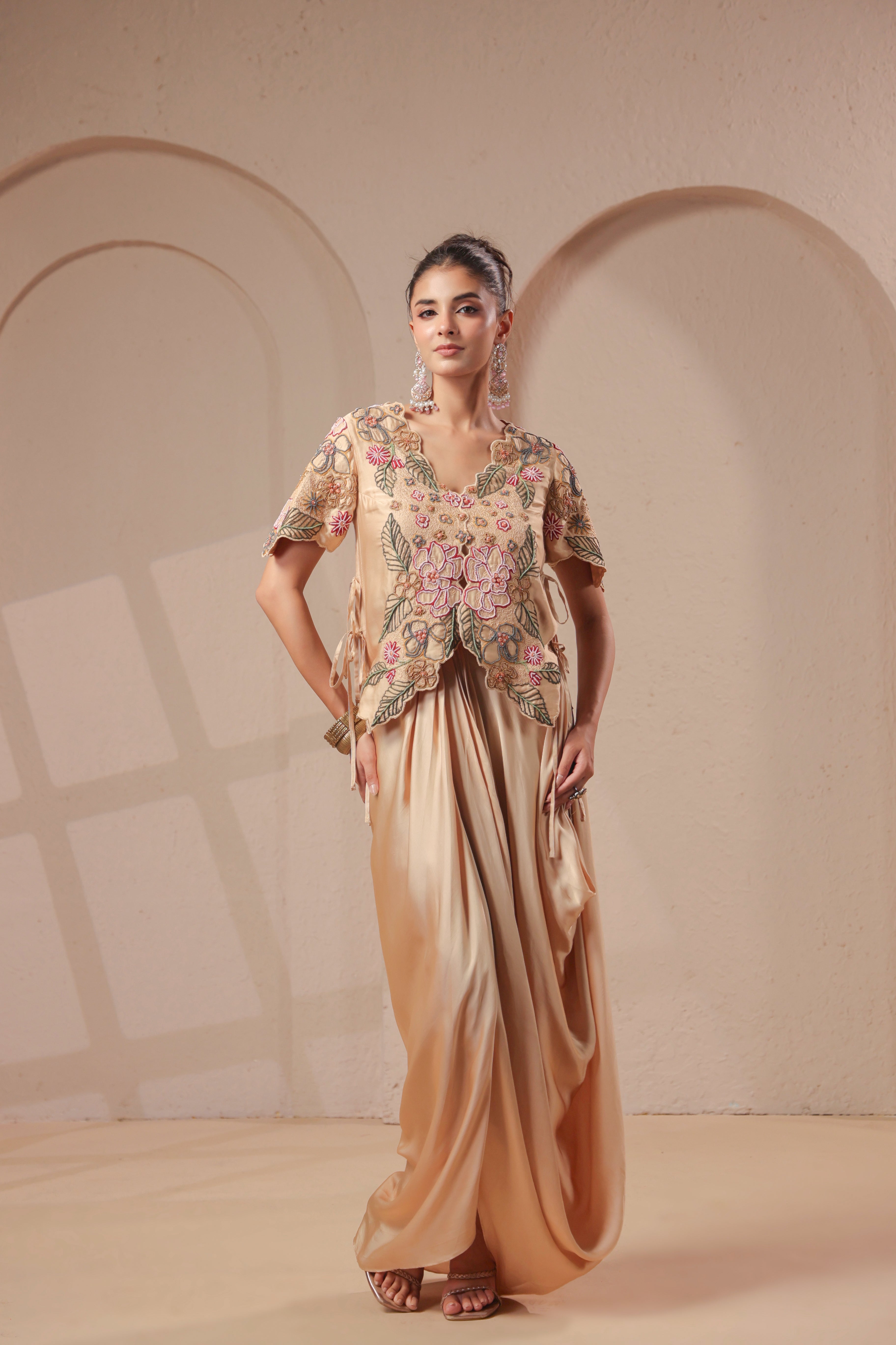 Gold Beige Embellished Modal Satin Silk Skirt Set