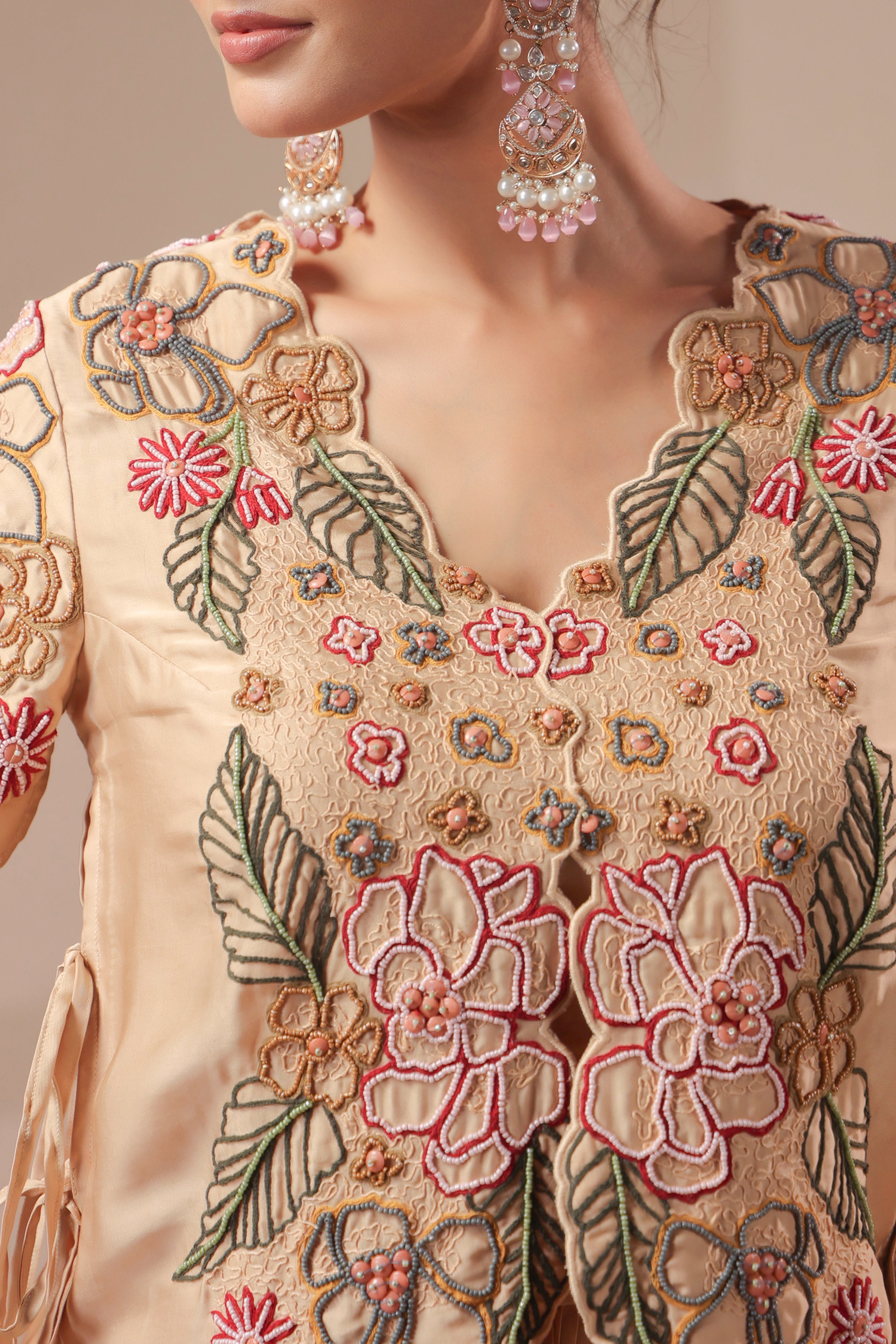 Gold Beige Embellished Modal Satin Silk Skirt Set