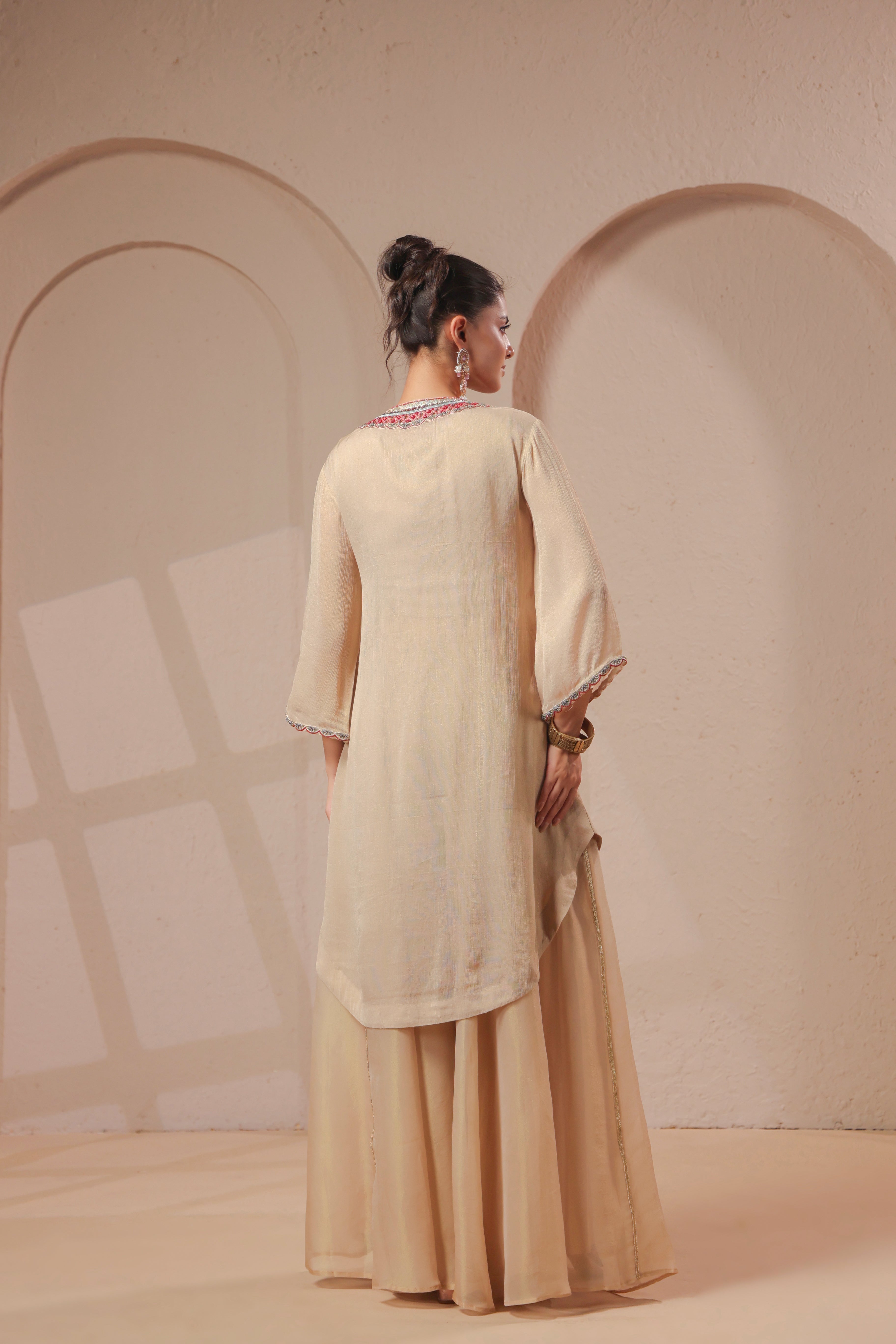 Gold Beige Embellished Shimmer Organza Silk Palazzo Set
