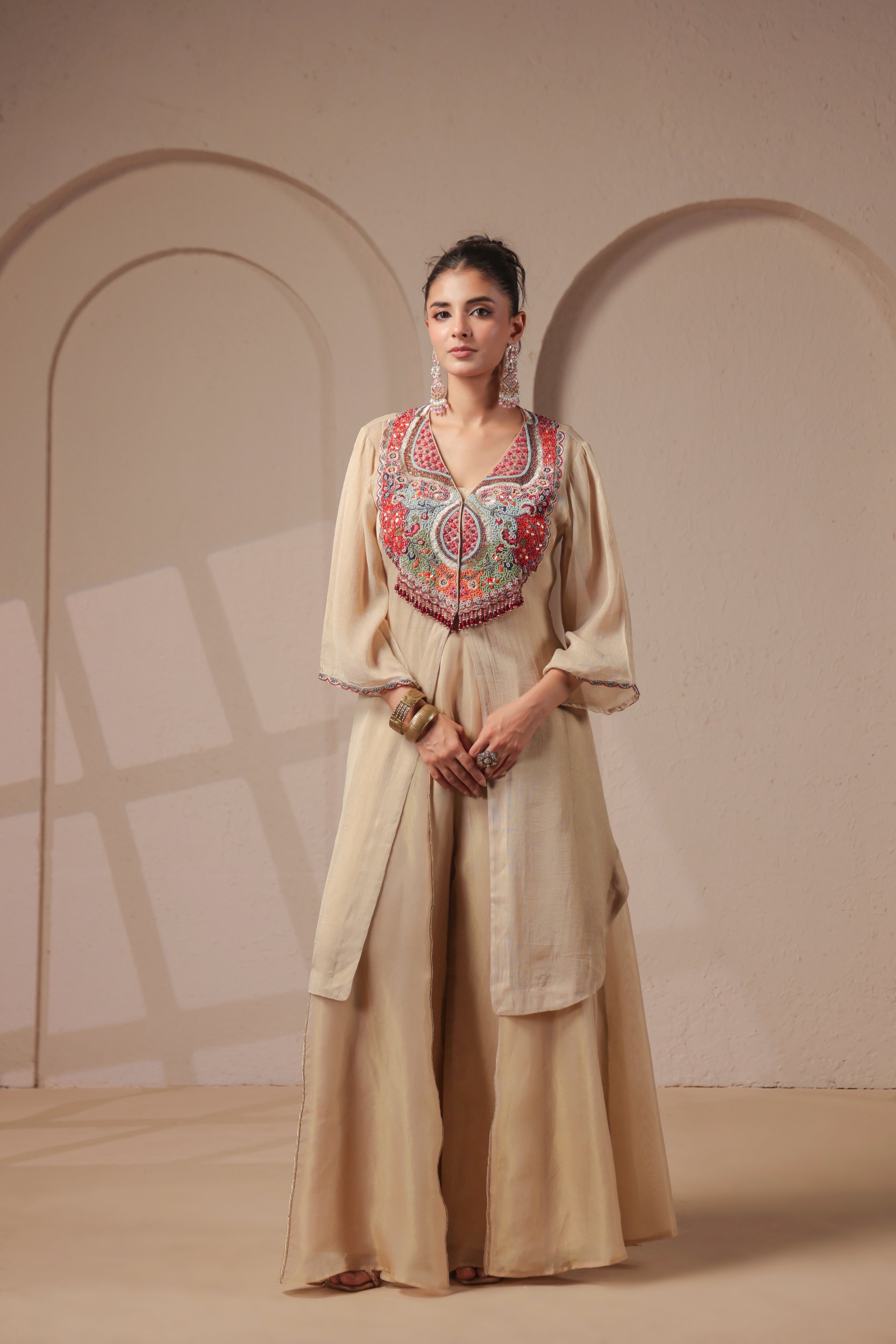 Gold Beige Embellished Shimmer Organza Silk Palazzo Set