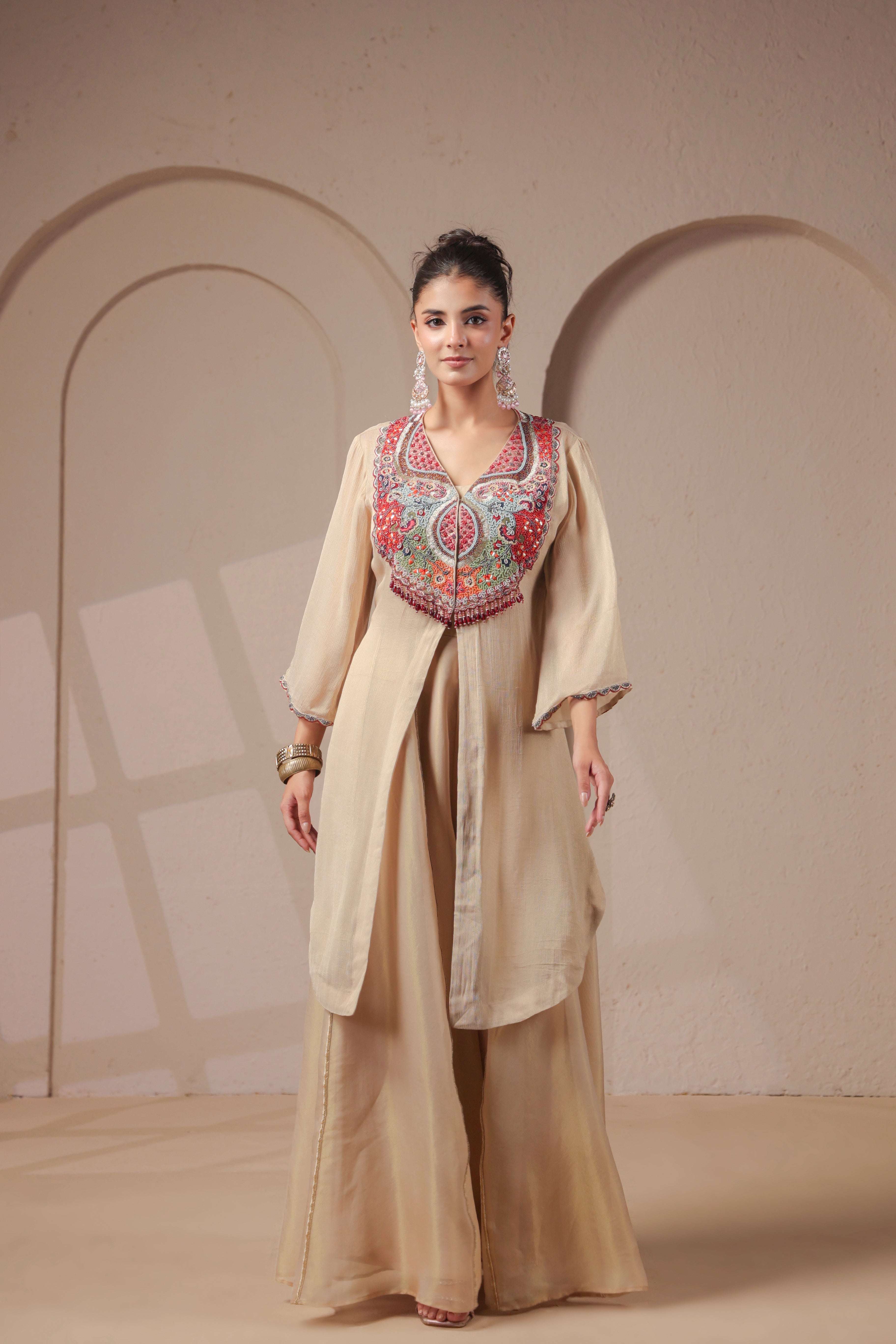 Gold Beige Embellished Shimmer Organza Silk Palazzo Set