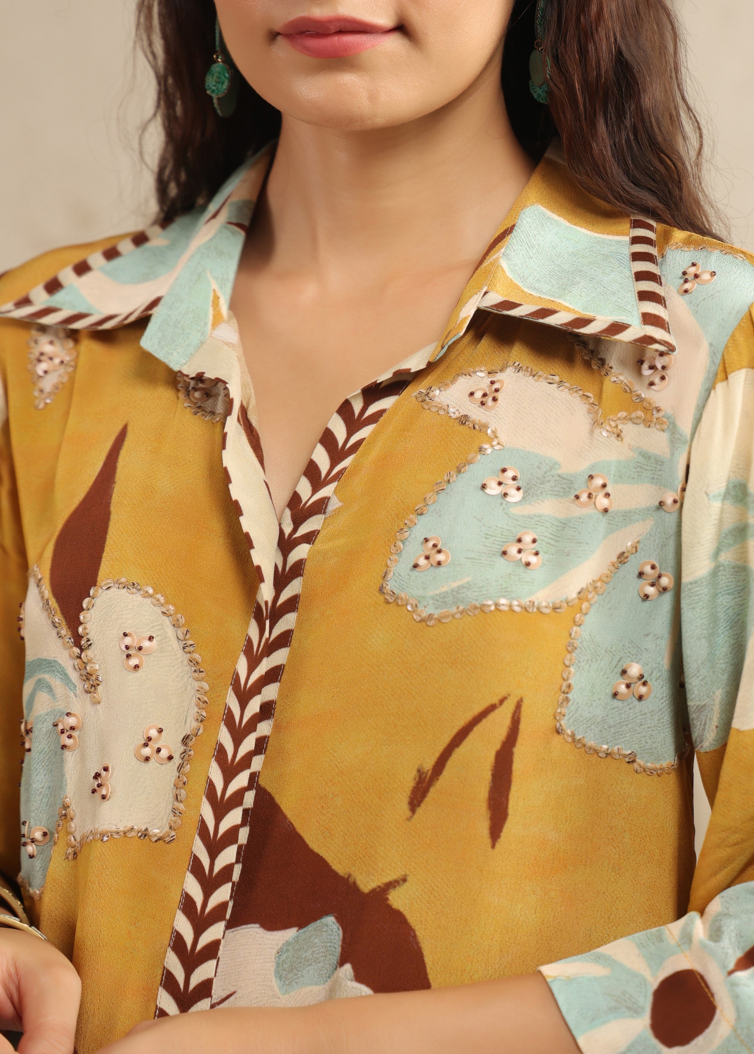 Mustard Yellow Floral Printed Viscose Crepe Co-Ord Set