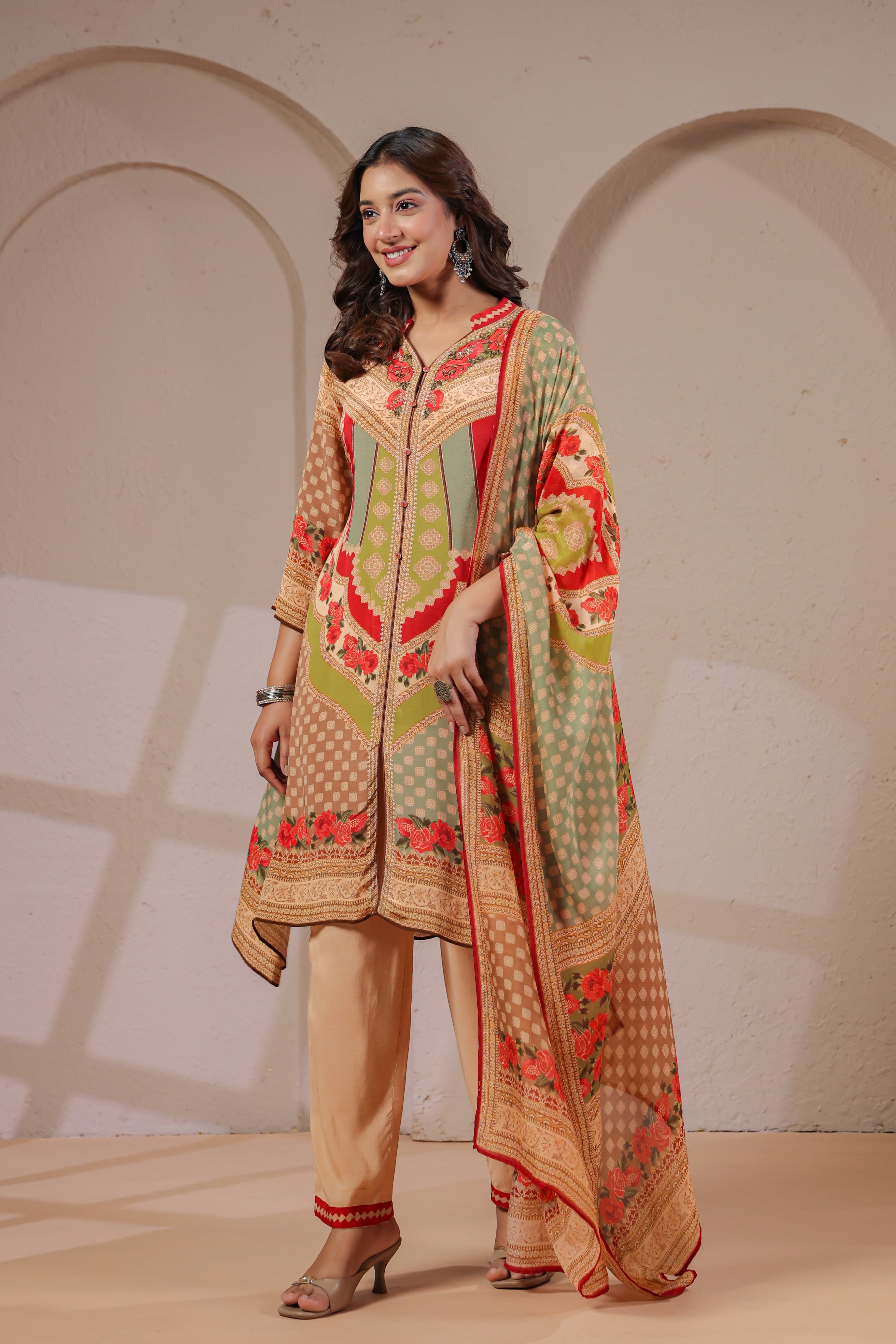 Sage Bloom Printed Crepe Silk Pant Set