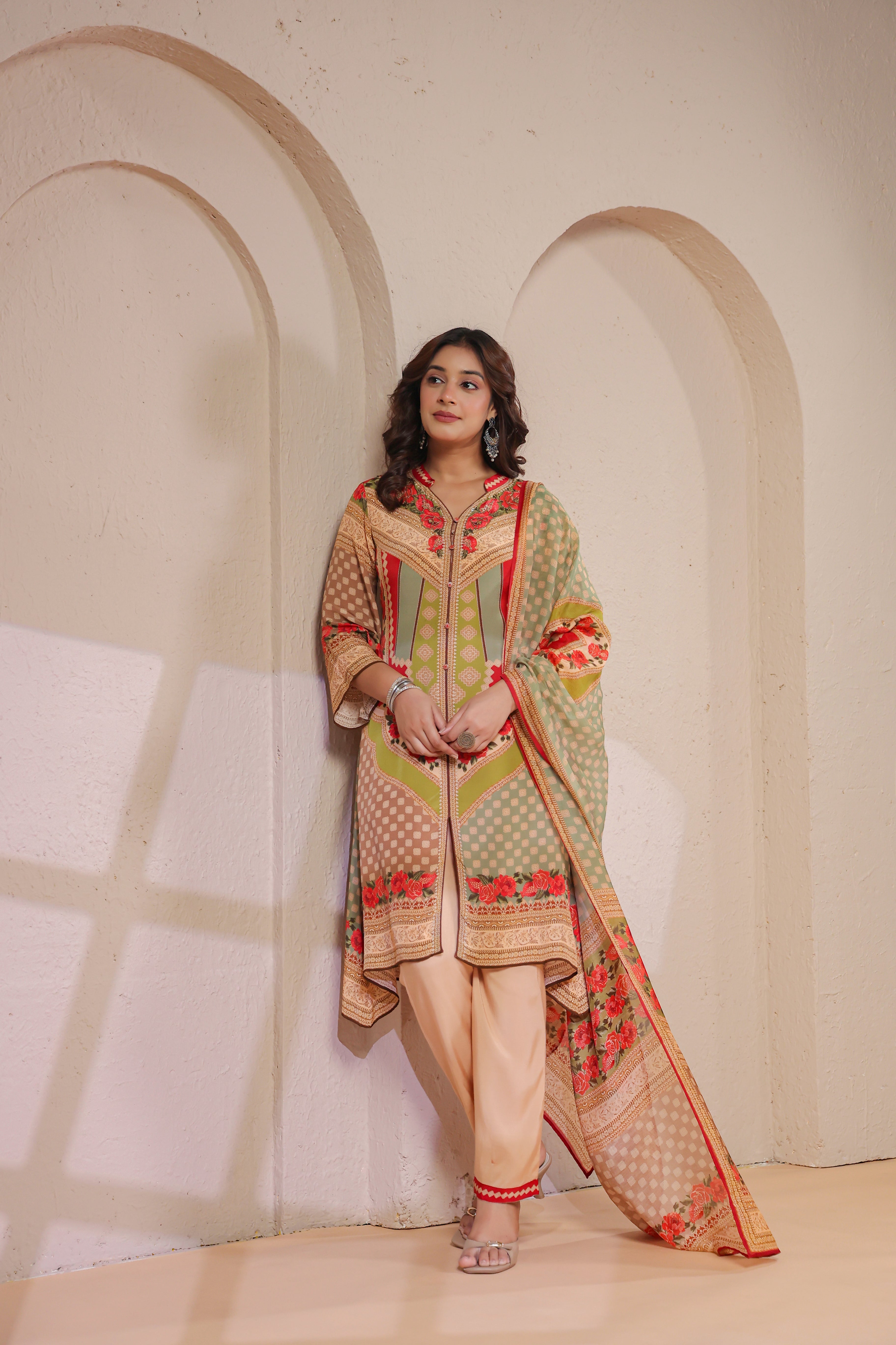 Sage Bloom Printed Crepe Silk Pant Set