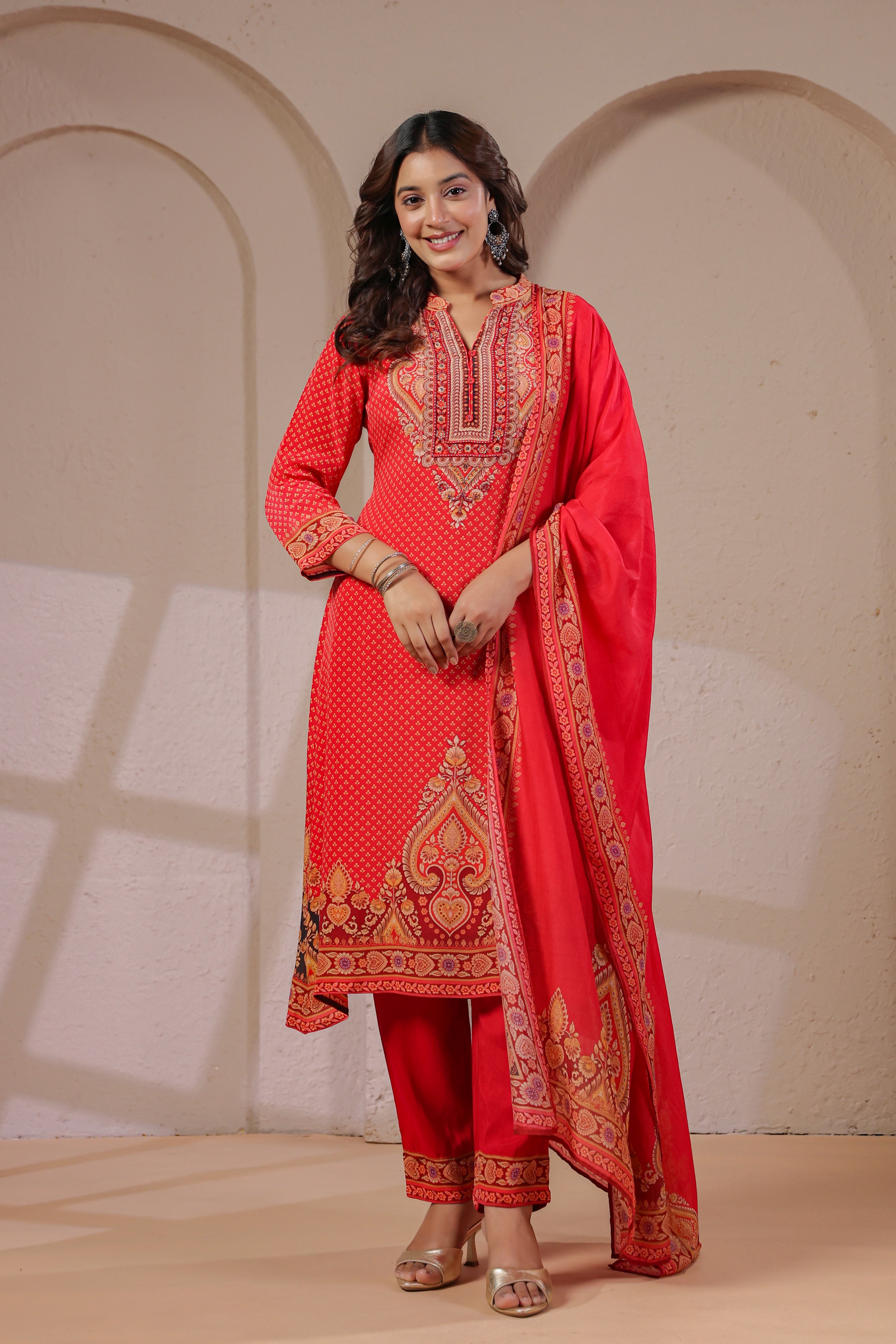 Coral Red Printed Crepe Silk Pant Set