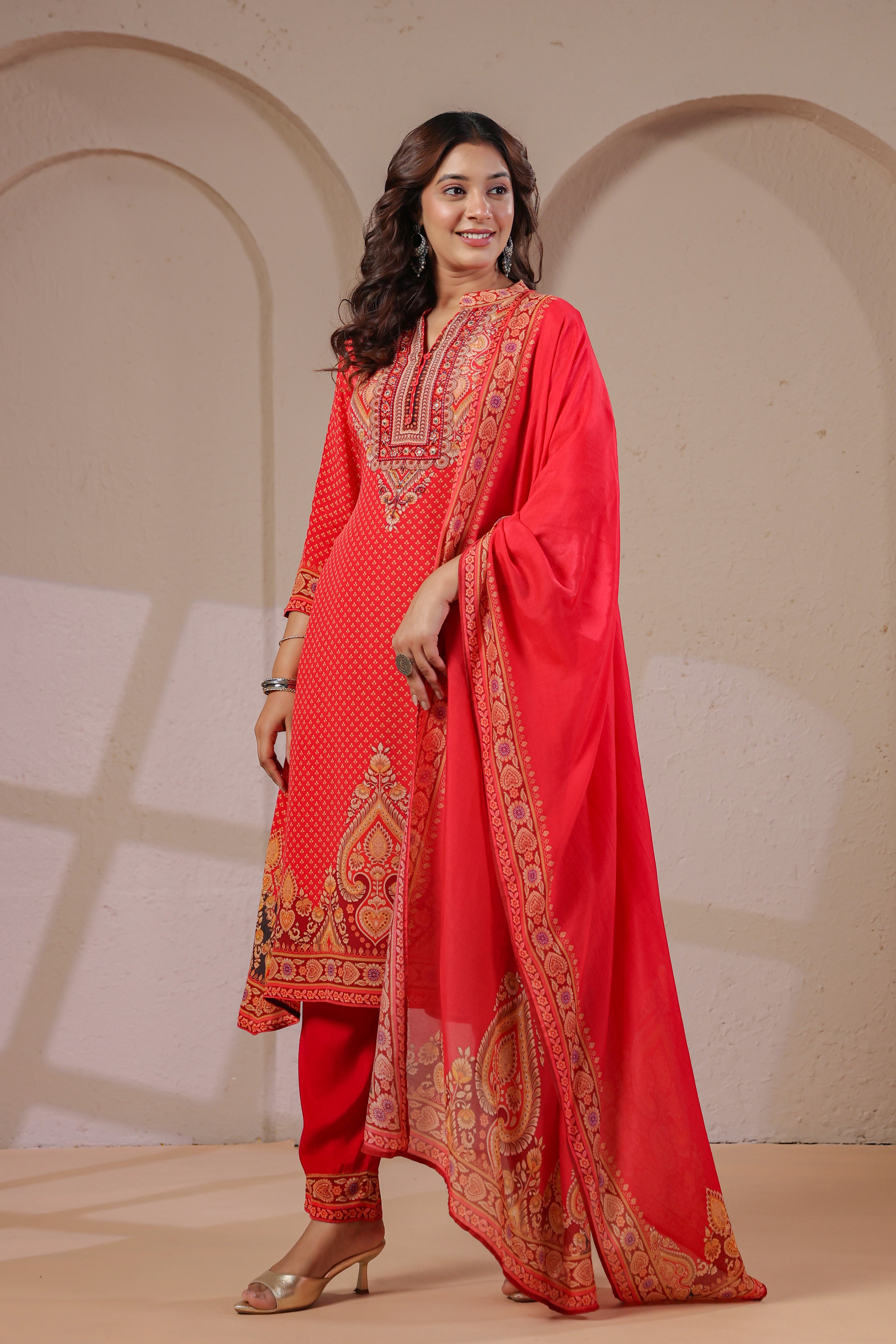 Coral Red Printed Crepe Silk Pant Set