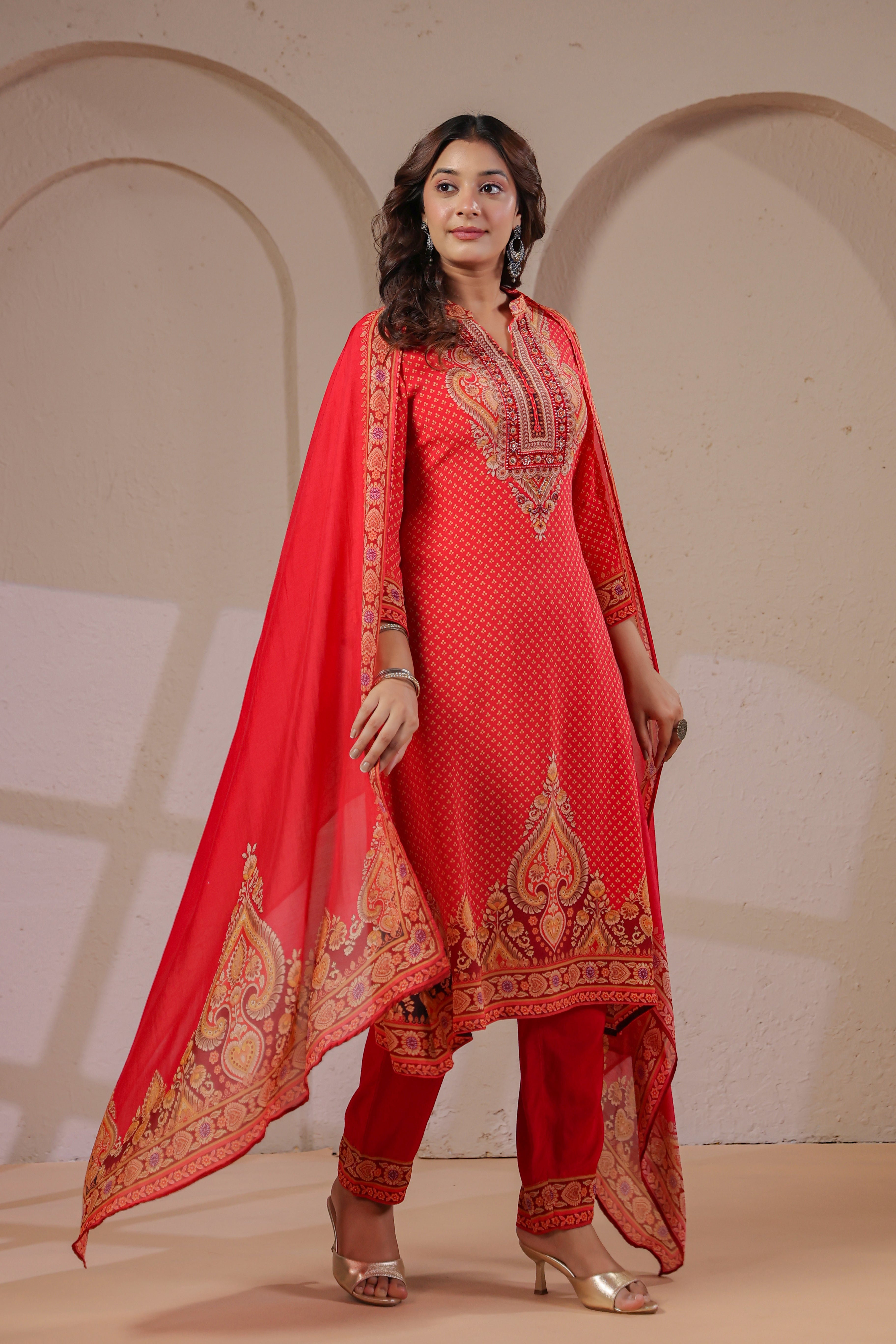Coral Red Printed Crepe Silk Pant Set
