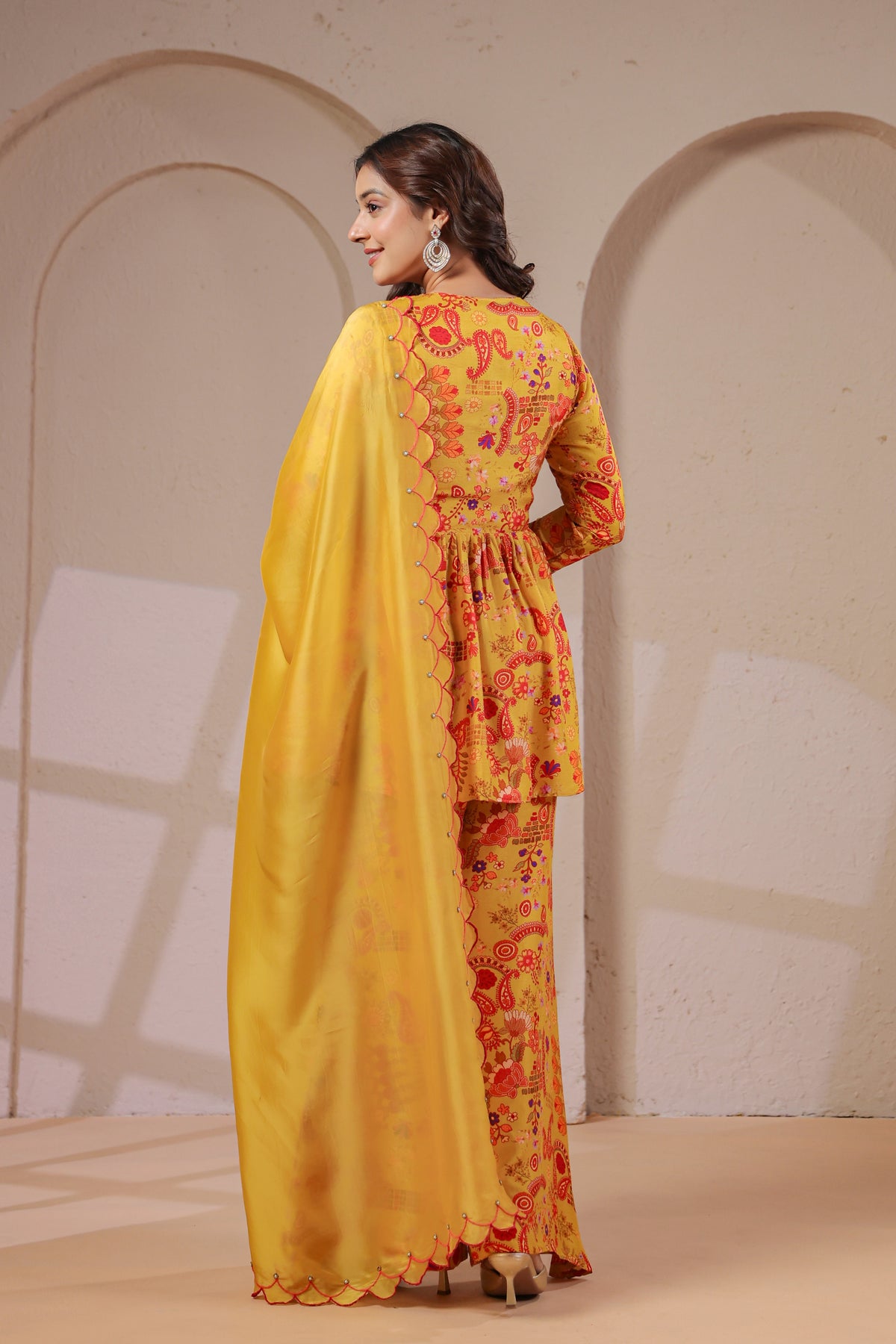 Yellow Paisley Printed Dola Silk Palazzo Set