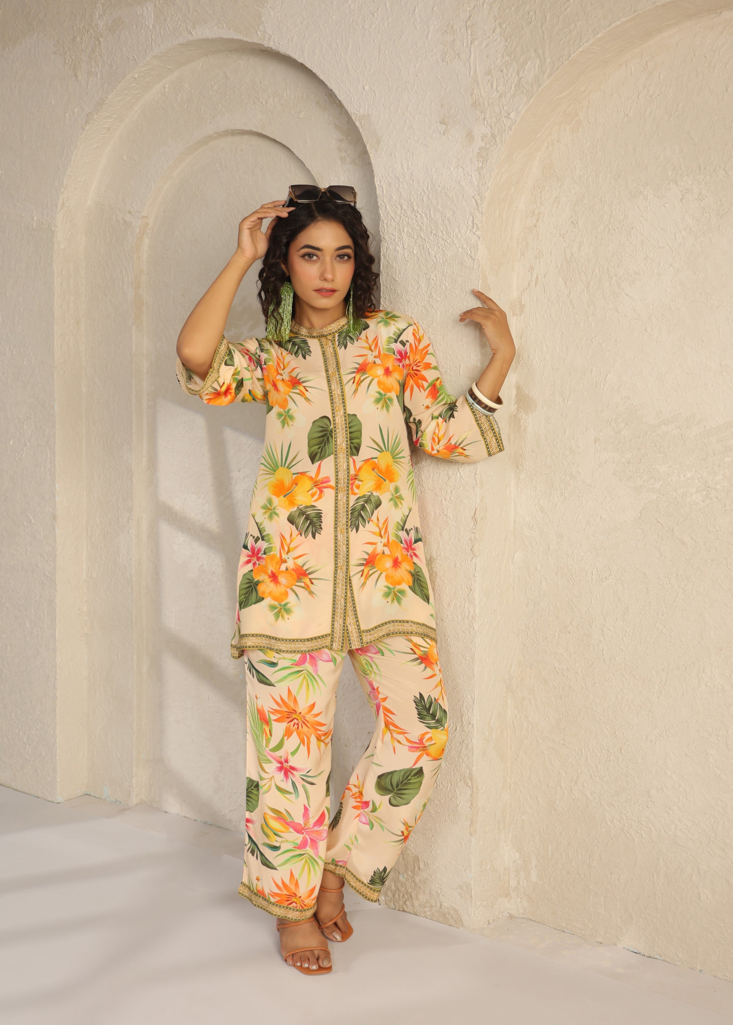 Cream Tropical Printed Viscose Crepe Co-Ord Set