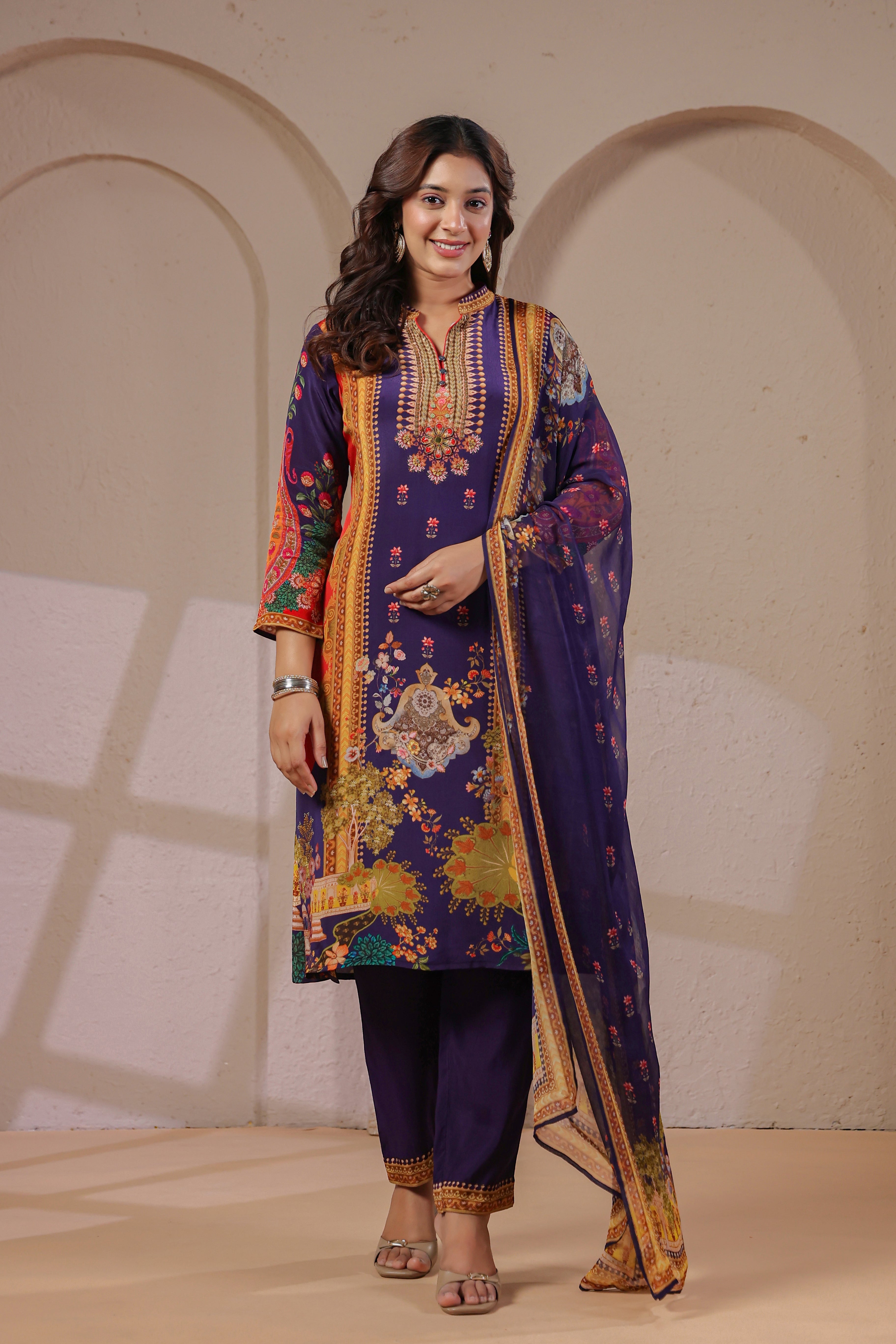 Imperial Violet Printed Crepe Silk Pant Set