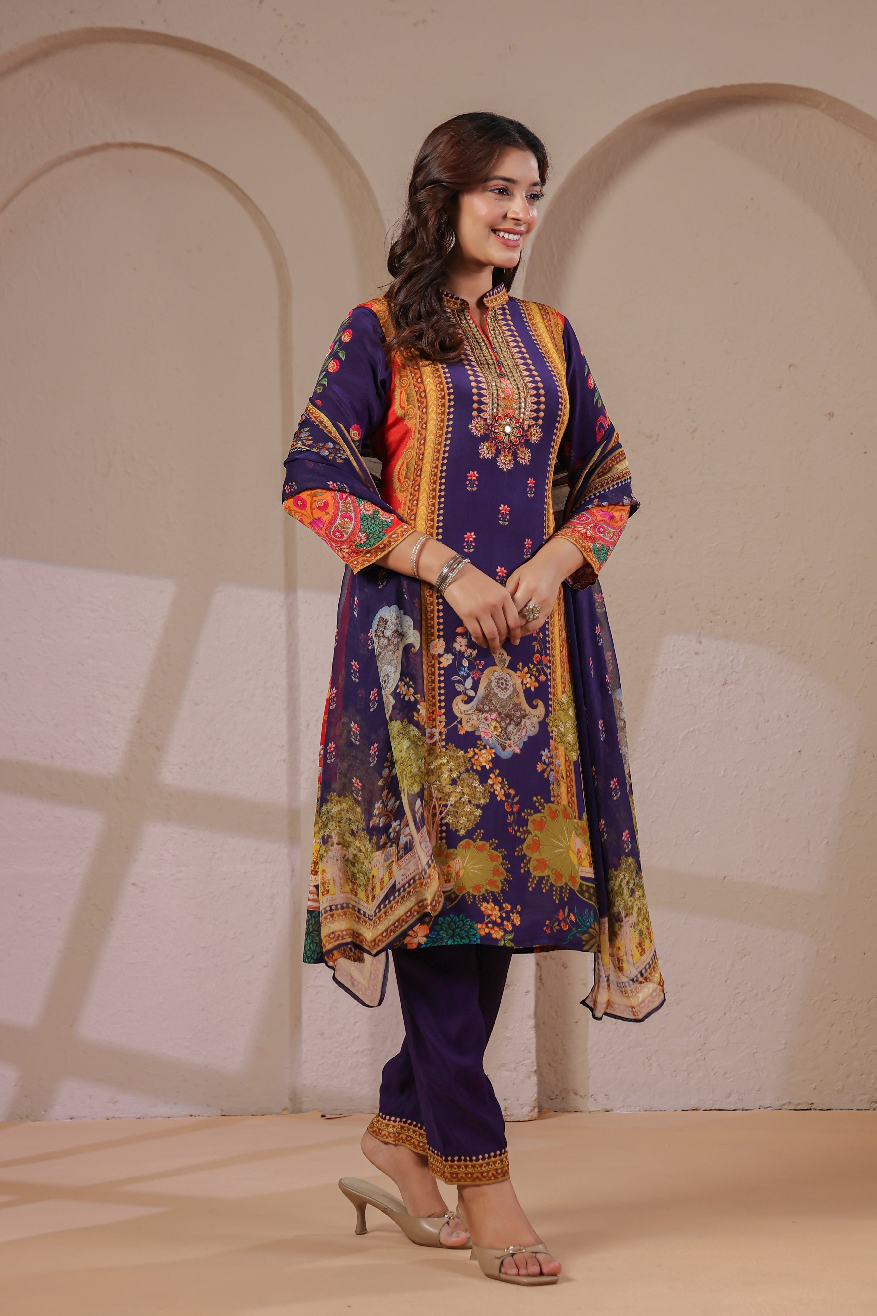 Imperial Violet Printed Crepe Silk Pant Set