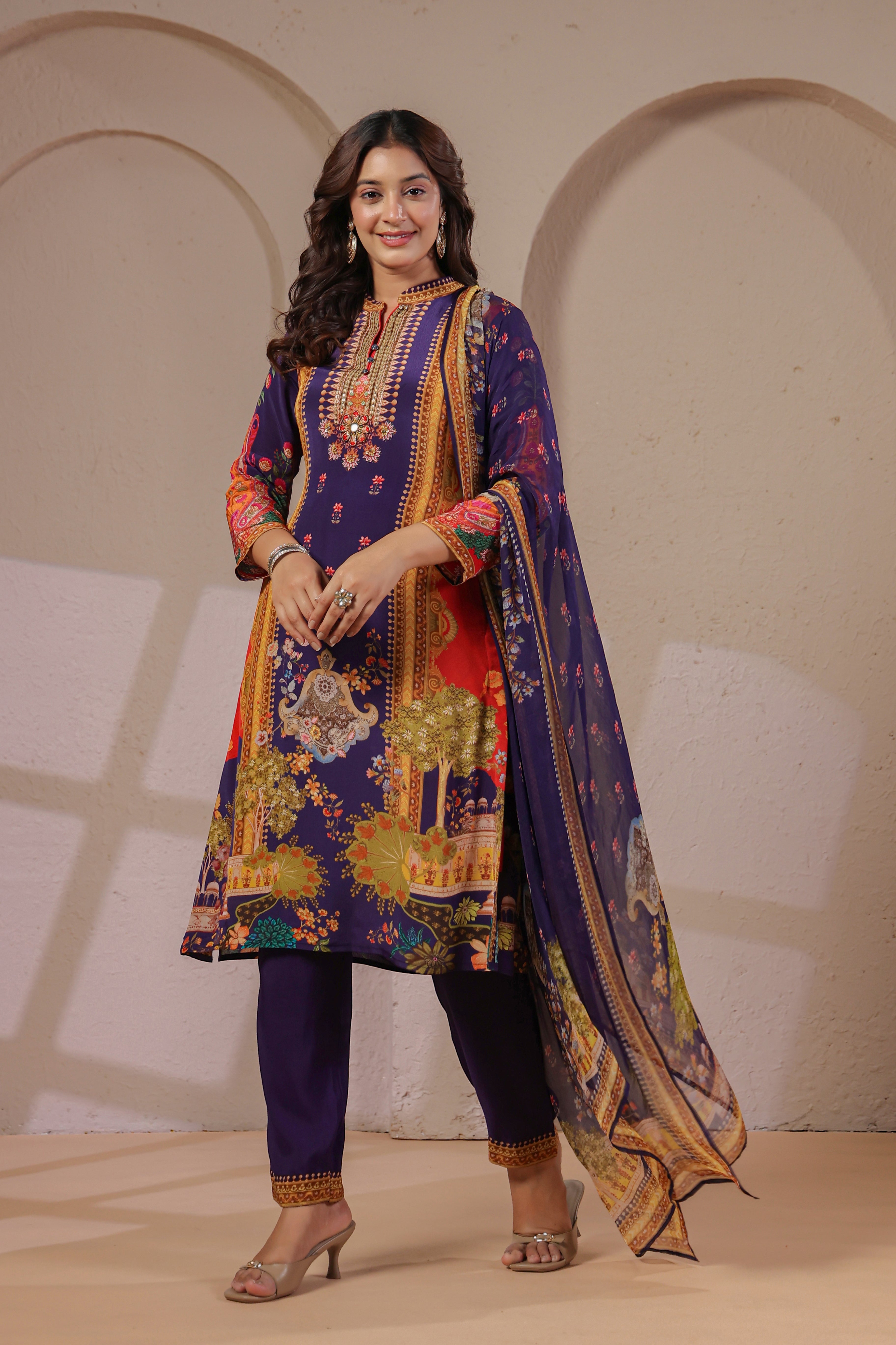Imperial Violet Printed Crepe Silk Pant Set