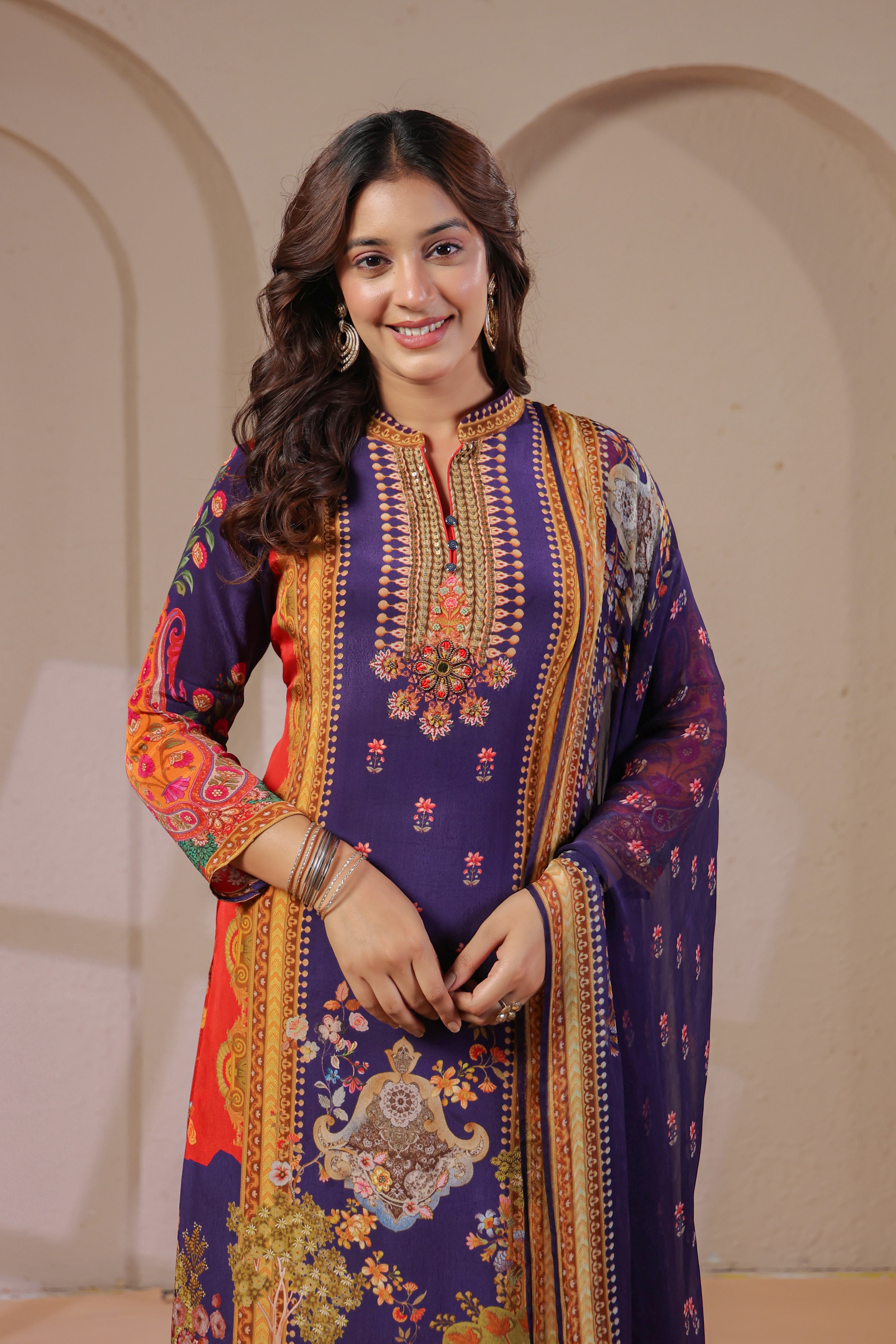 Imperial Violet Printed Crepe Silk Pant Set