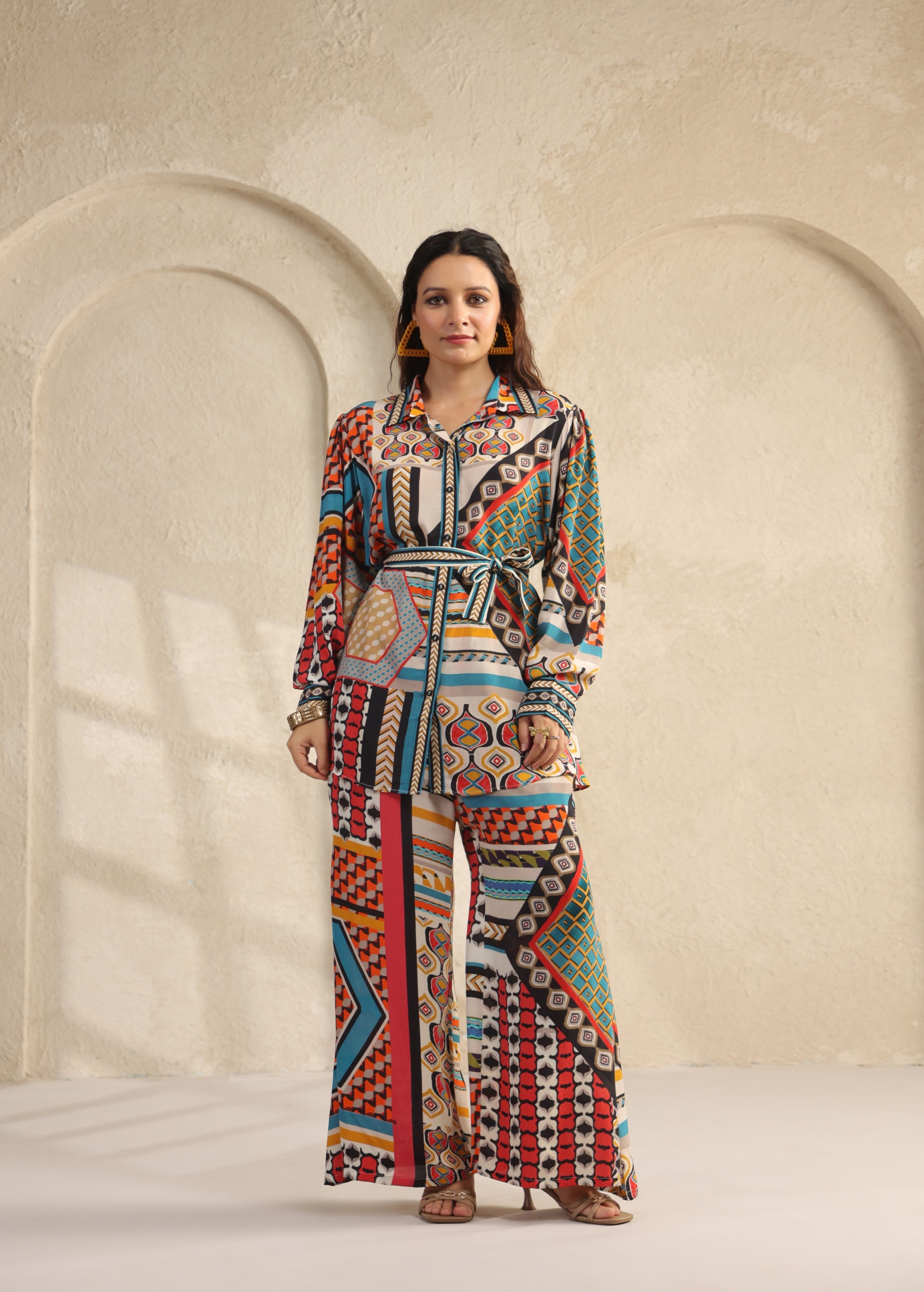 Multi-Color Geometric Printed Viscose Crepe Co-Ord Set