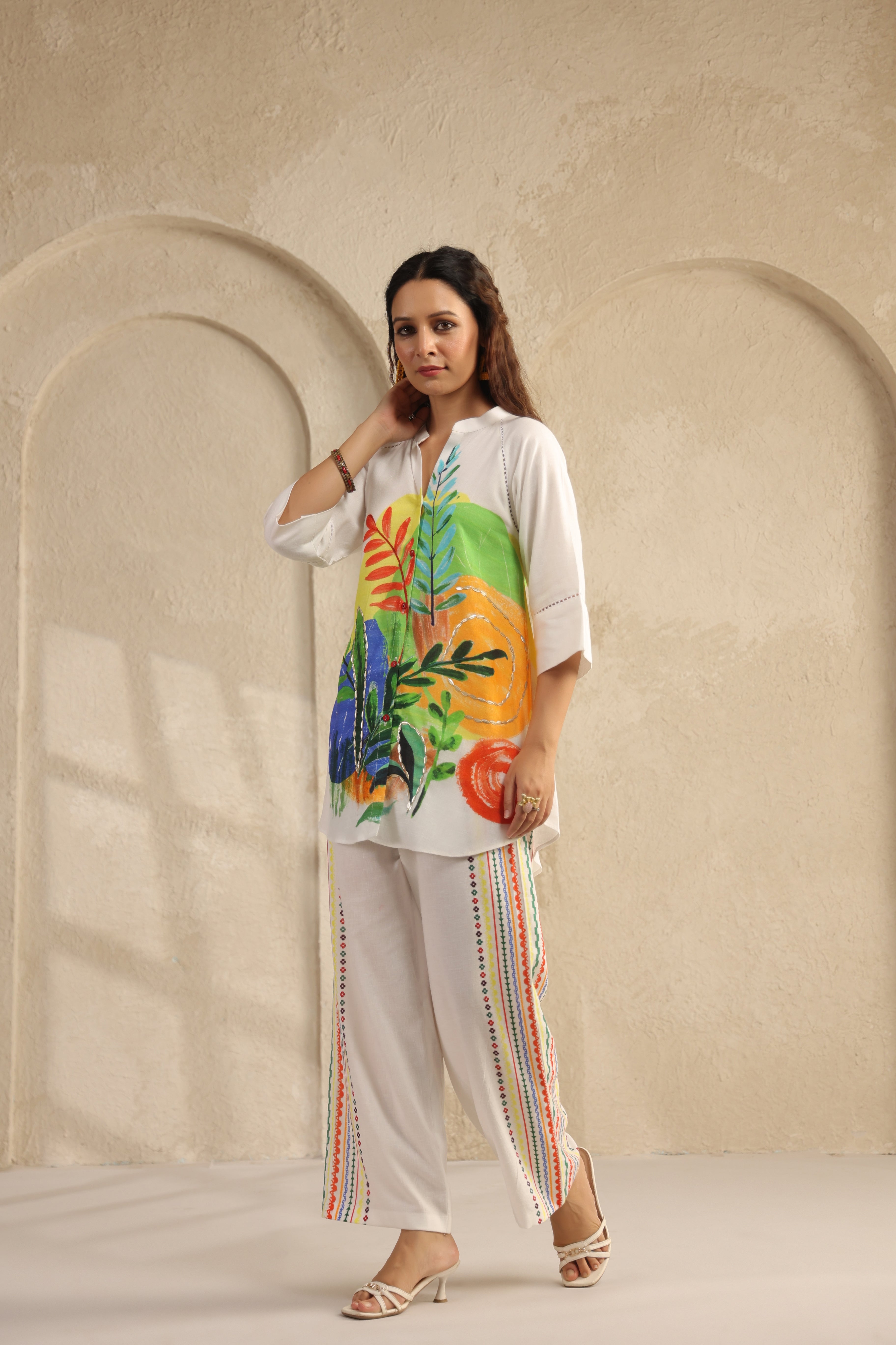 Ivory Abstract Printed Pure Linen Co-Ord Set