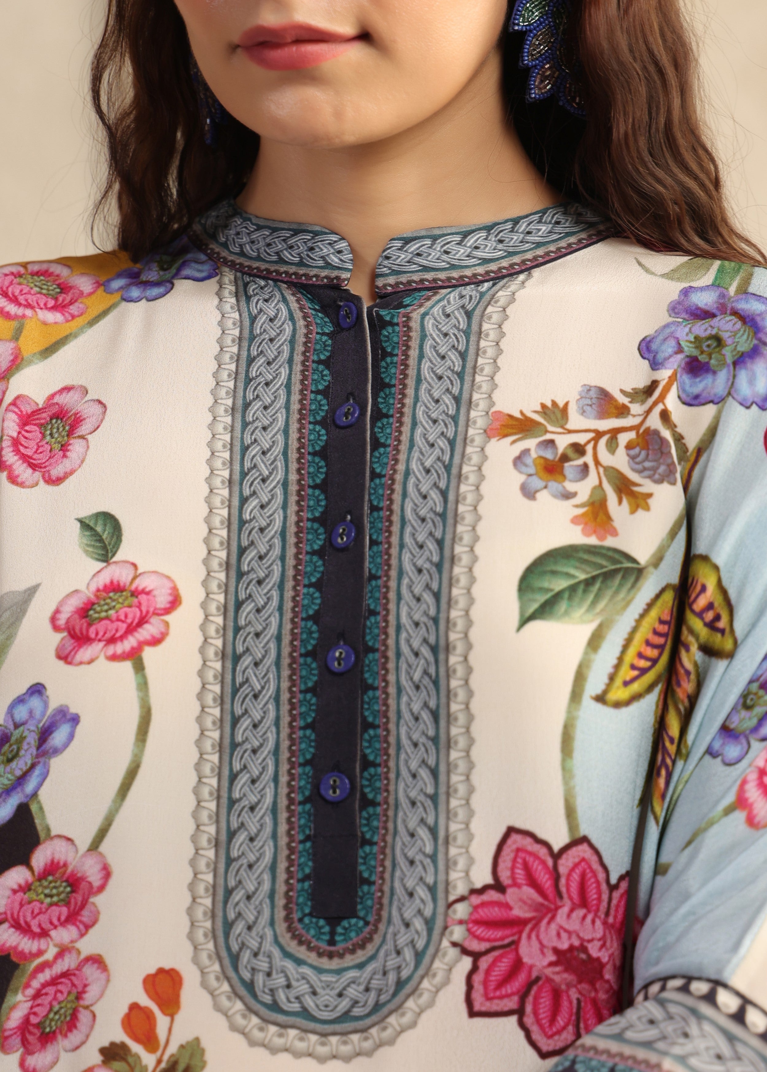 Ivory Floral Printed Viscose Crepe Co-Ord Set