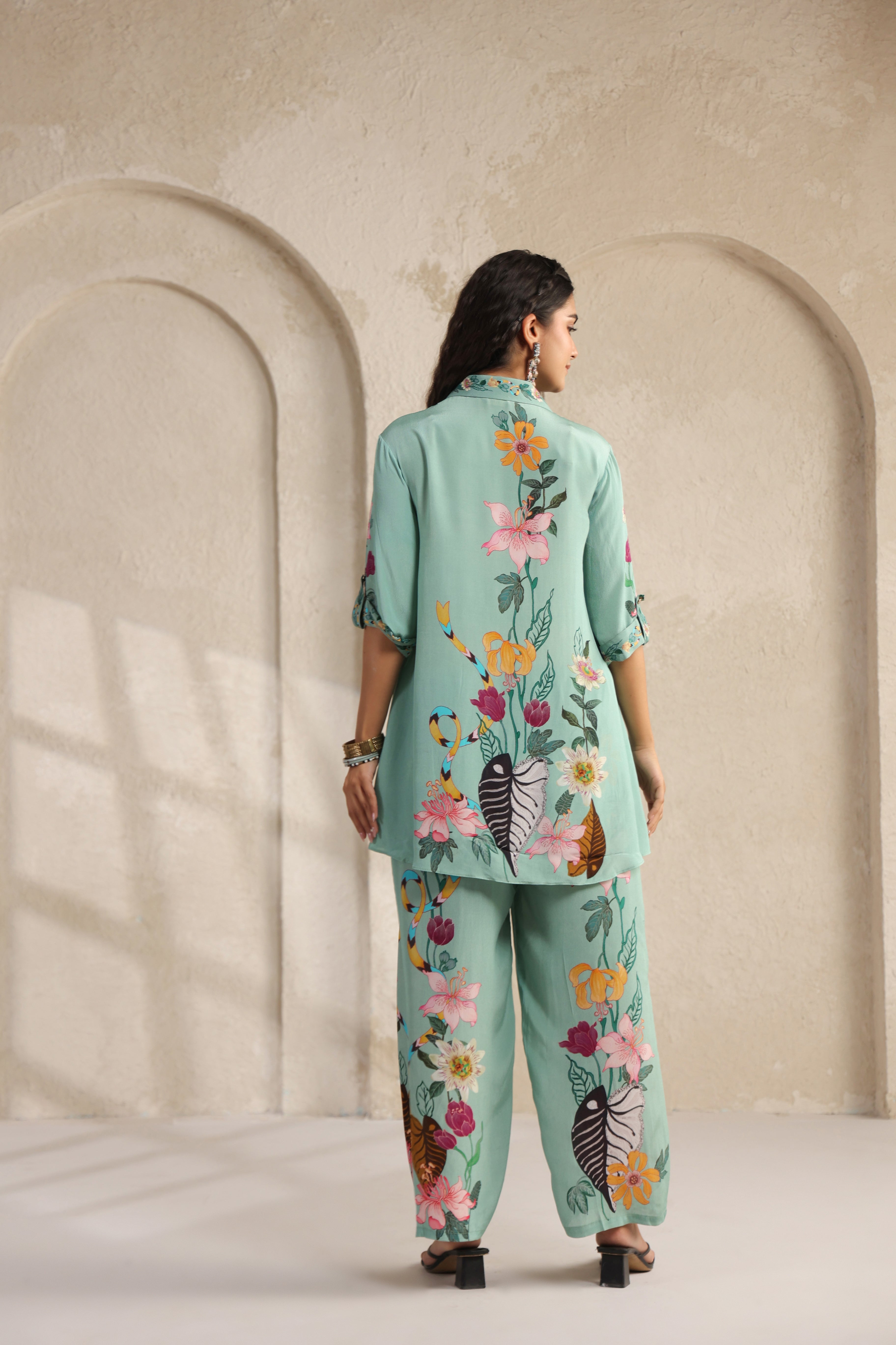 Seafoam Green Printed Viscose Crepe Co-Ord Set