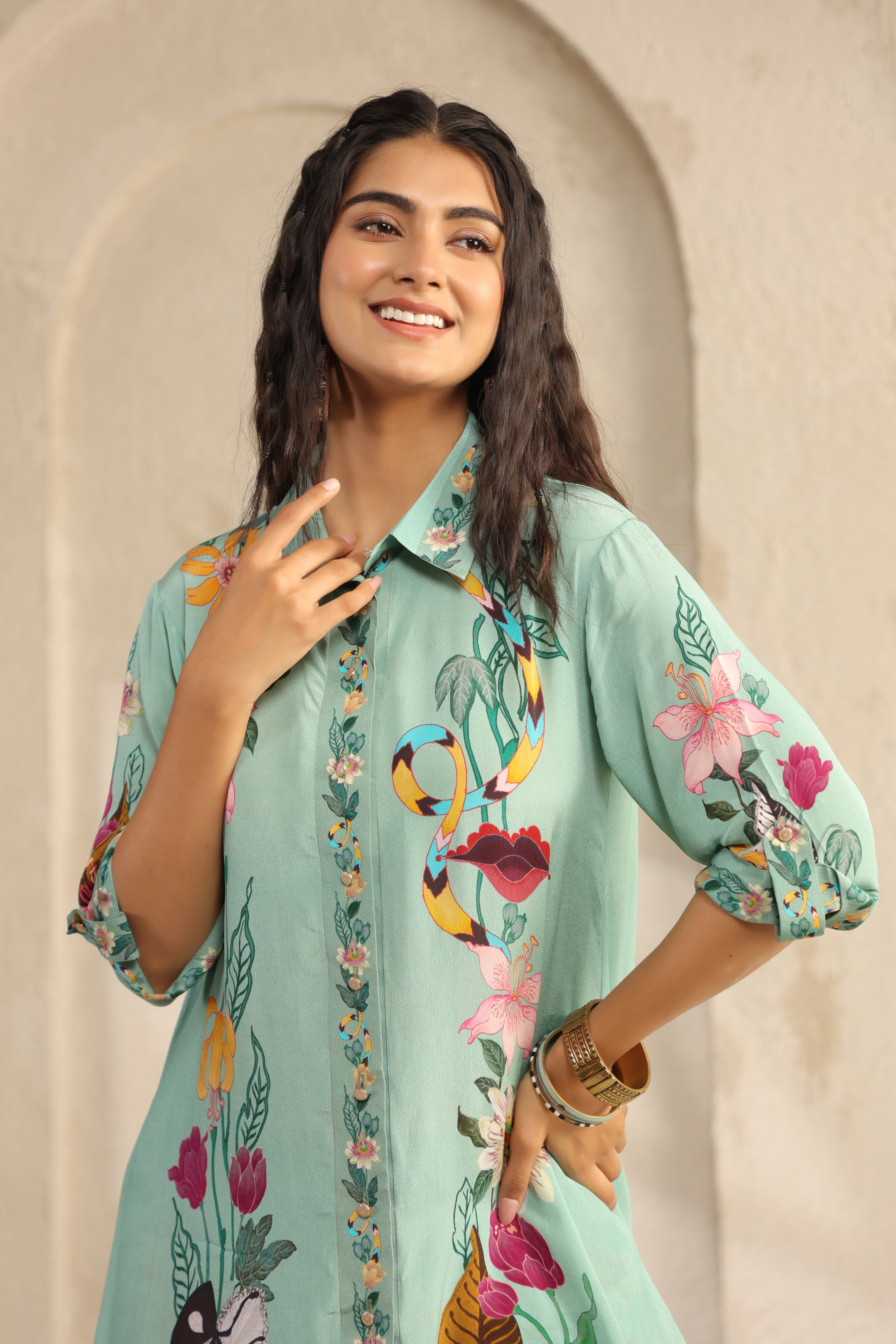 Seafoam Green Printed Viscose Crepe Co-Ord Set