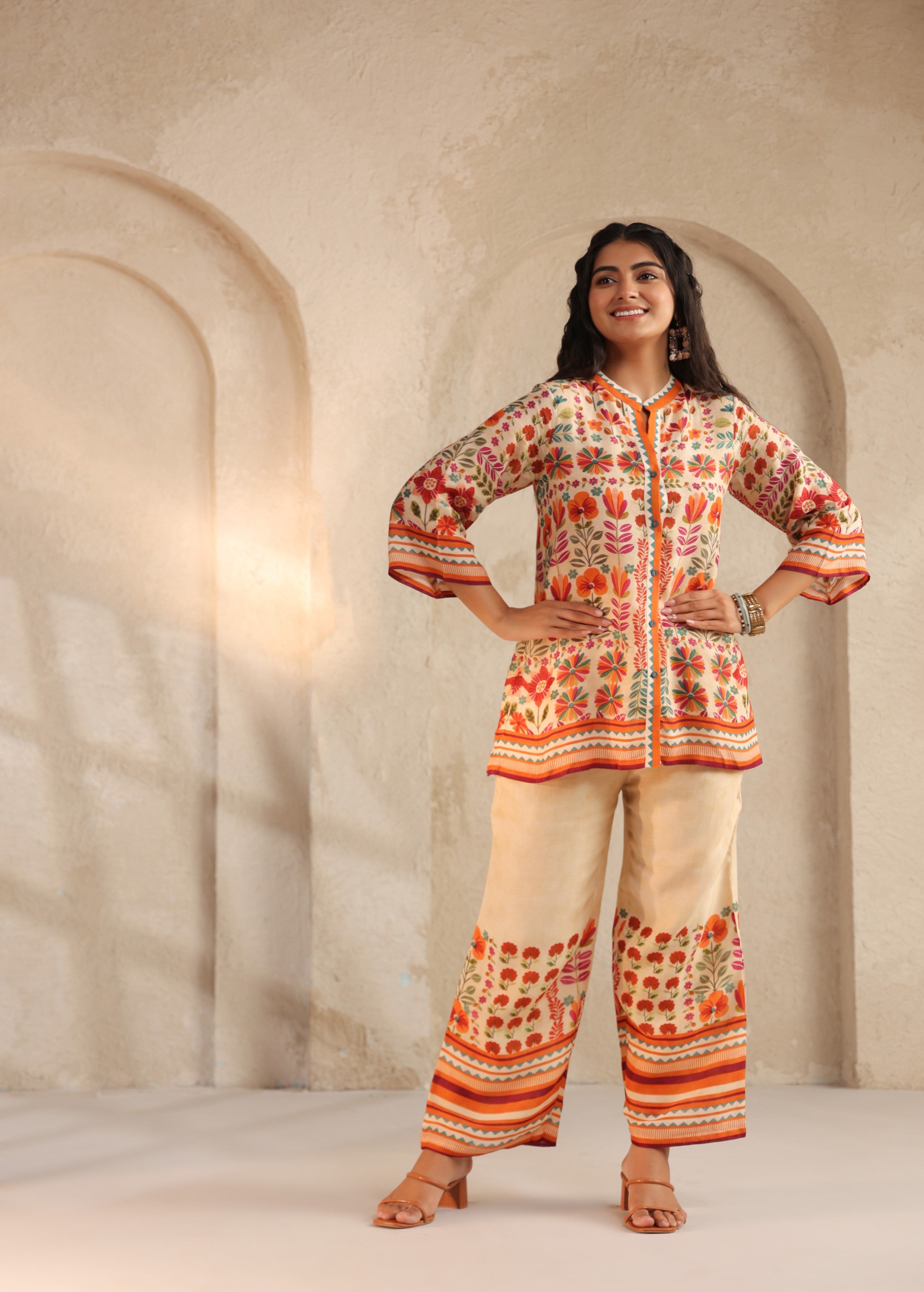 Beige Floral Printed Pure Linen Co-Ord Set