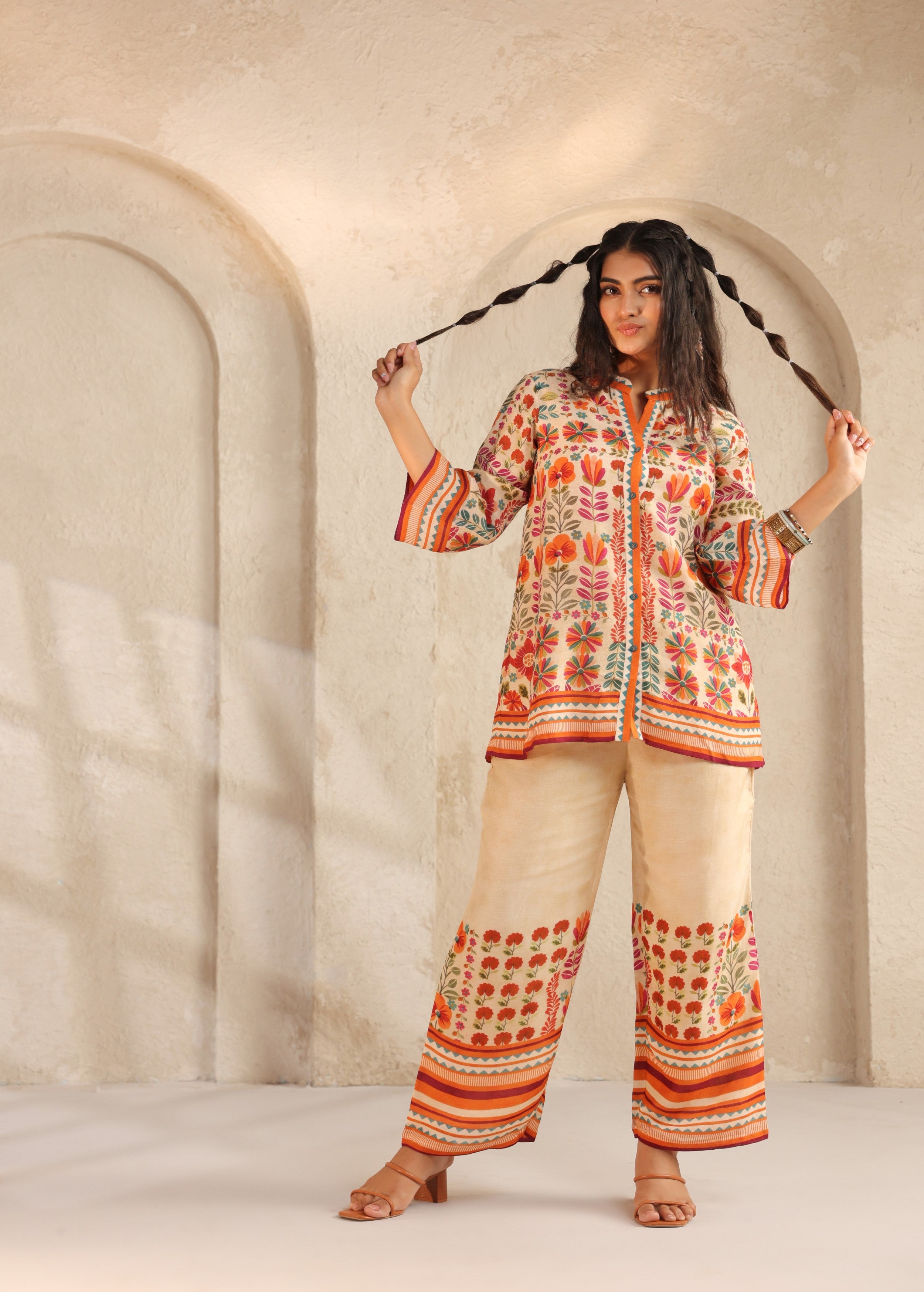Beige Floral Printed Pure Linen Co-Ord Set