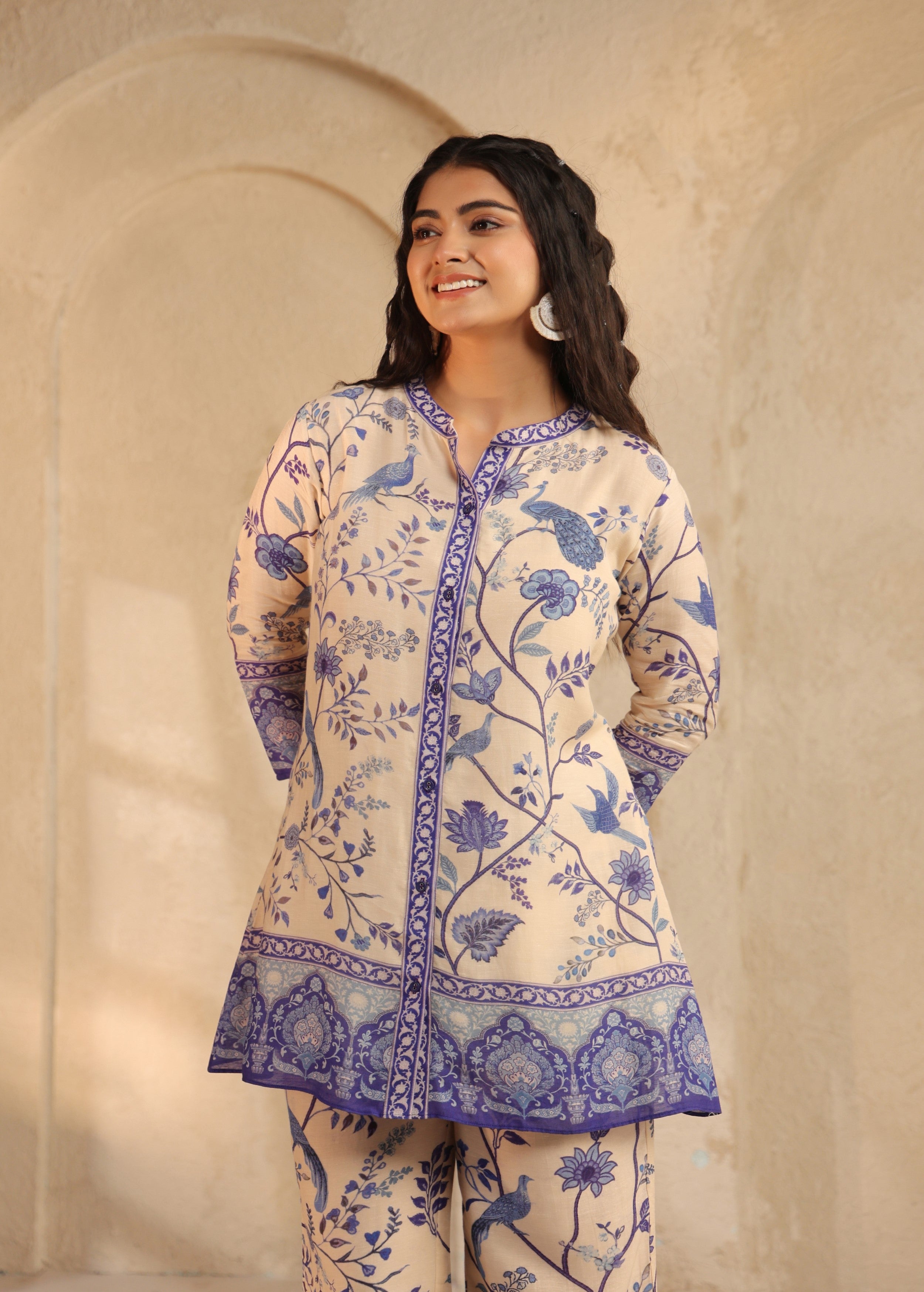 Beige and Indigo Printed Pure Linen Co-Ord Set