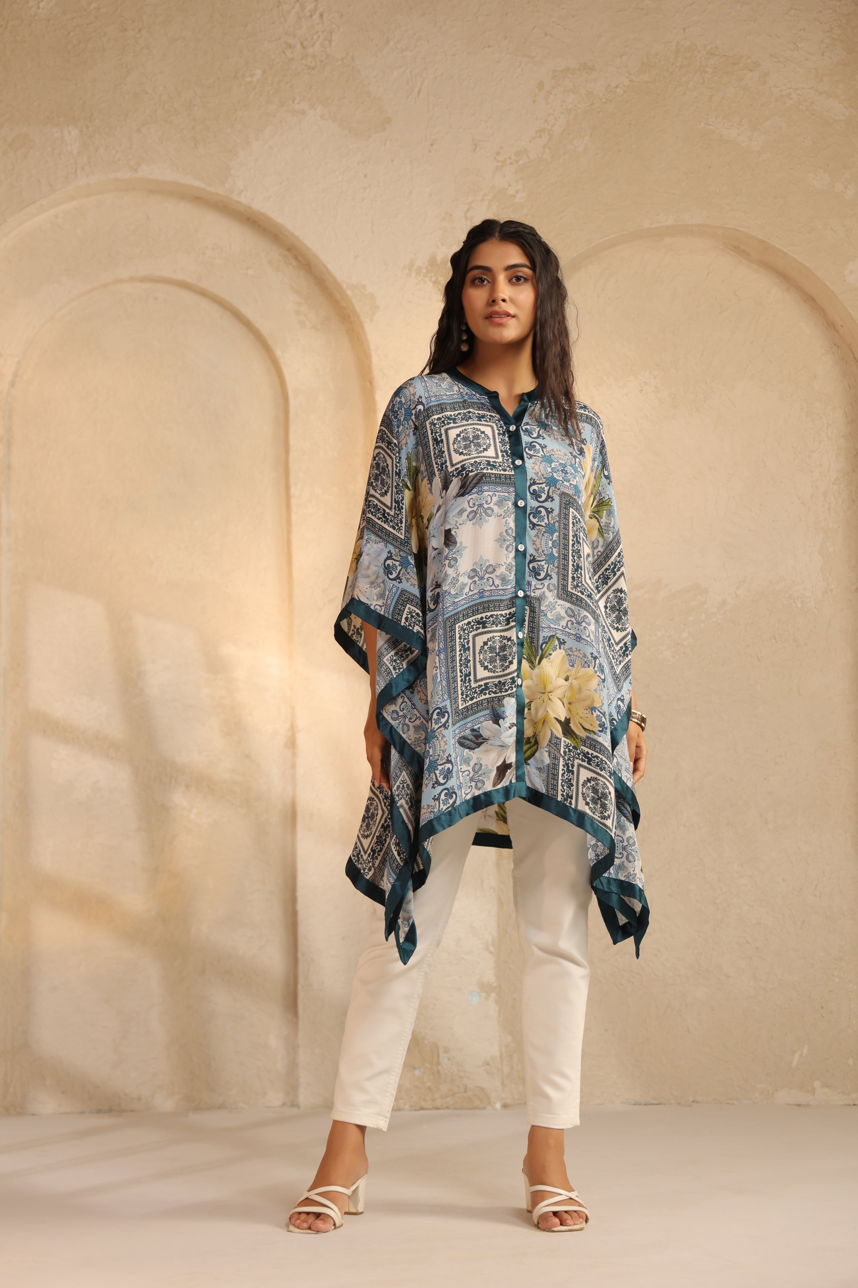 Deep Teal Printed Viscose Crepe Kaftan Top