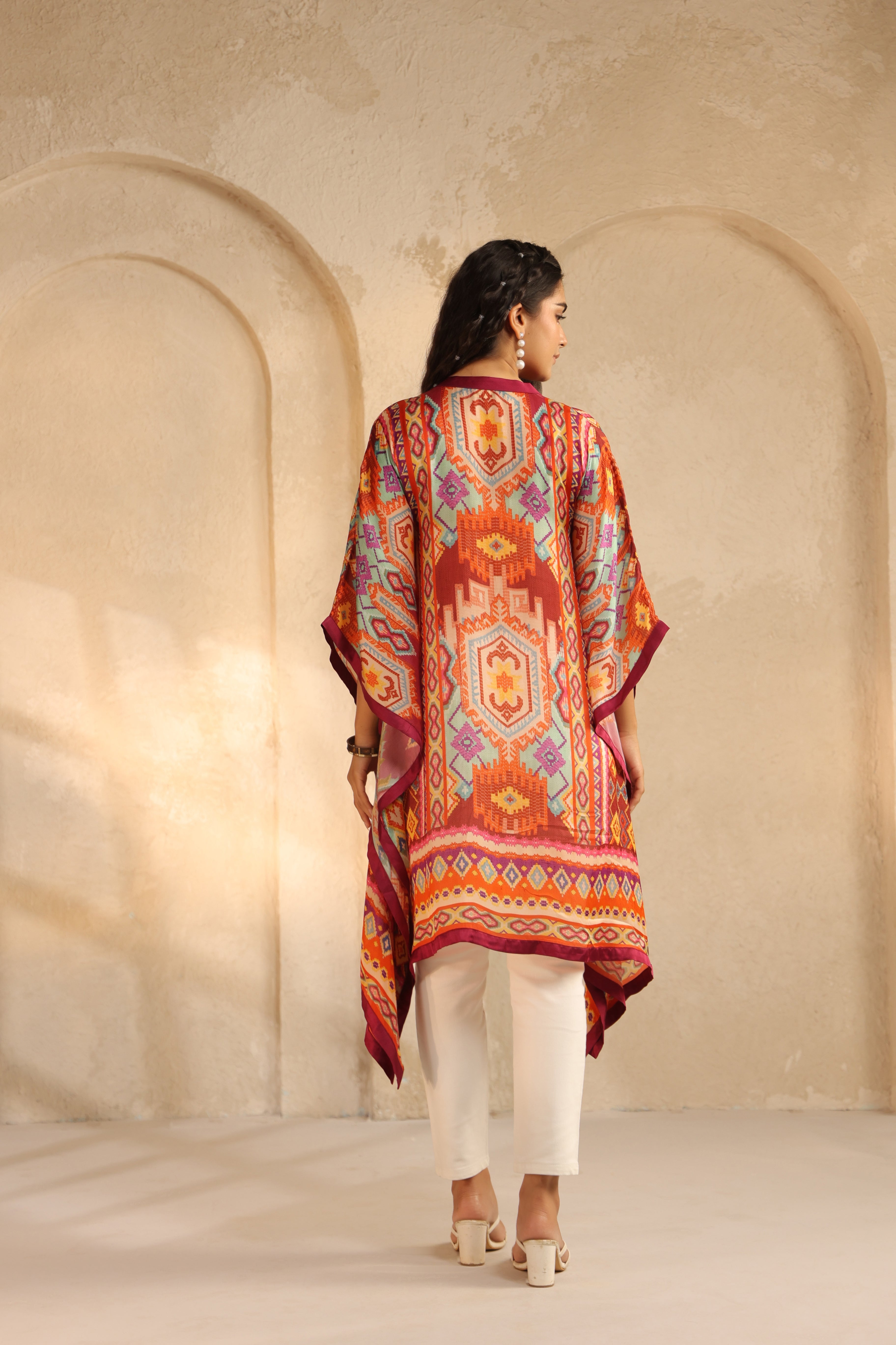 Multi-Color Ikat Printed Satin Silk Poncho Top