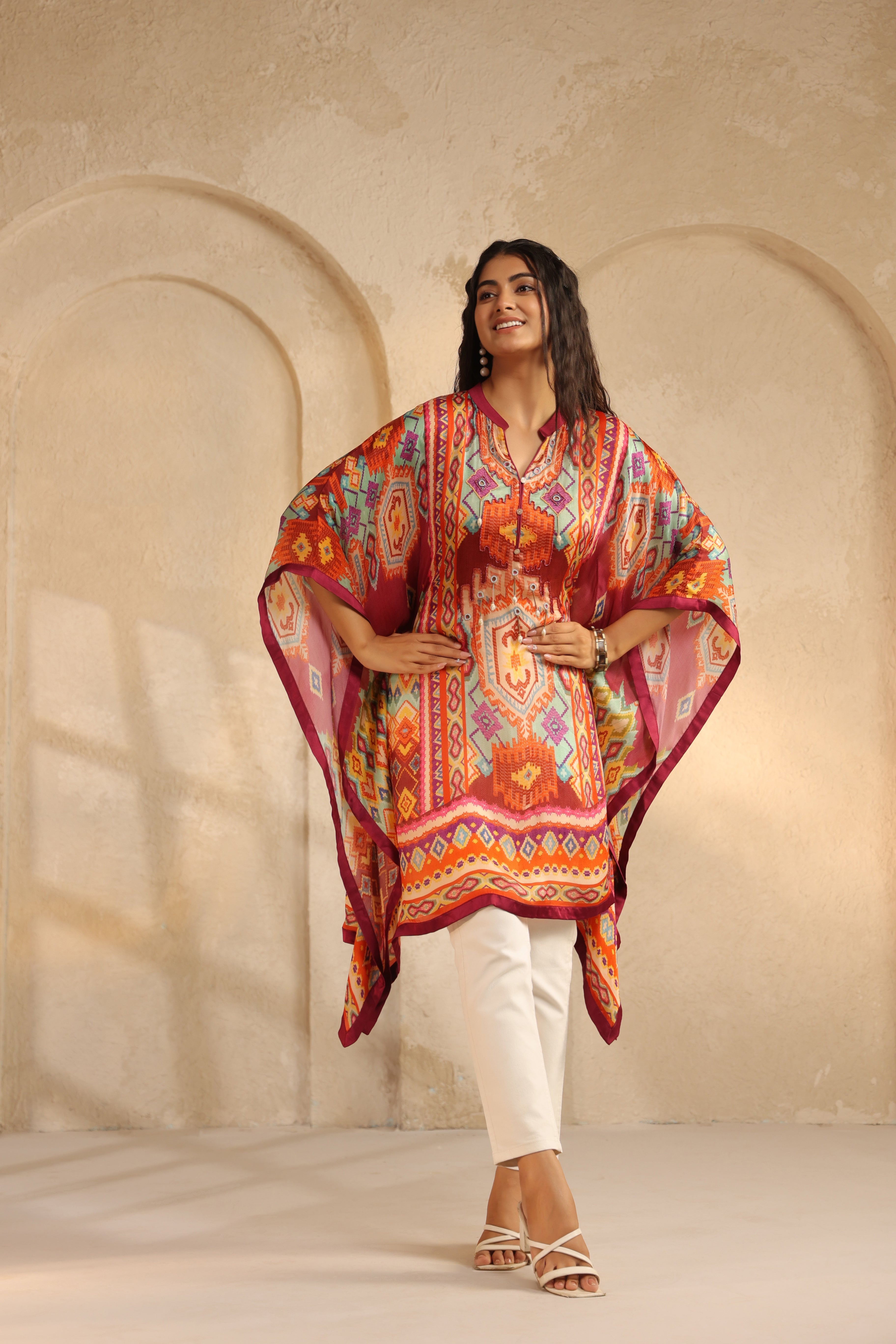 Multi-Color Ikat Printed Satin Silk Poncho Top