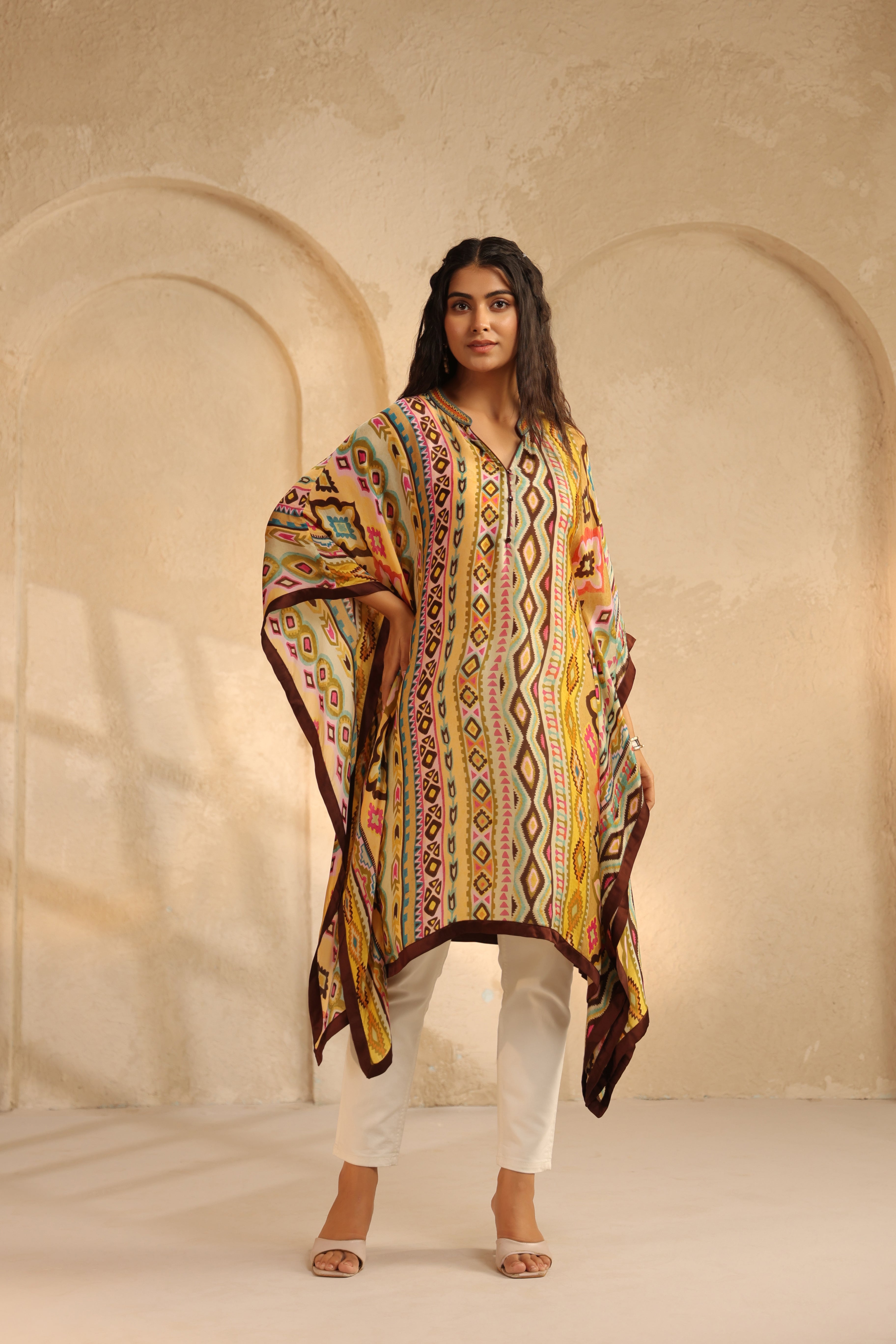 Ochre Yellow Printed Satin Silk Kaftan Top