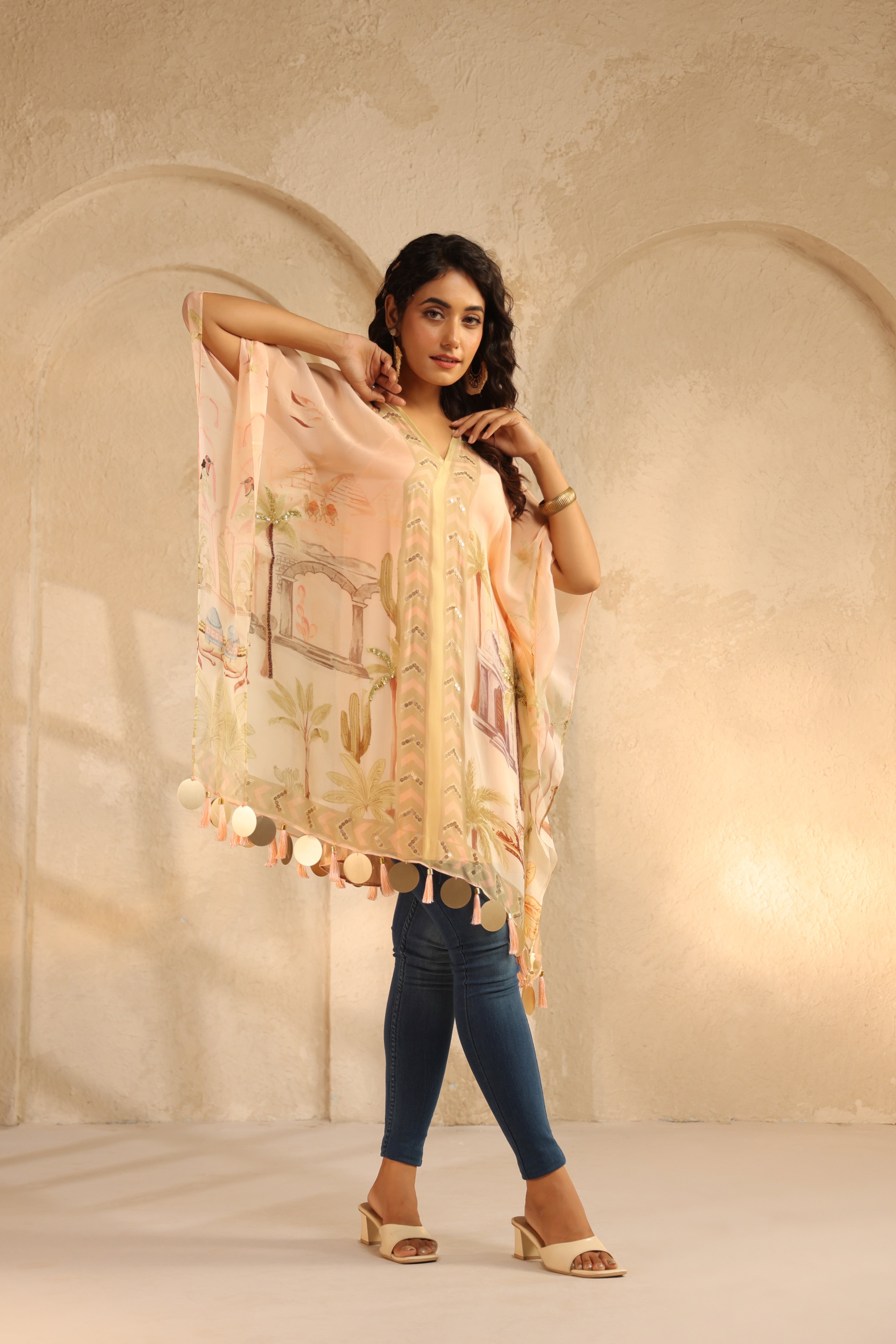 Pastel Peach Printed Viscose Organza Poncho Top