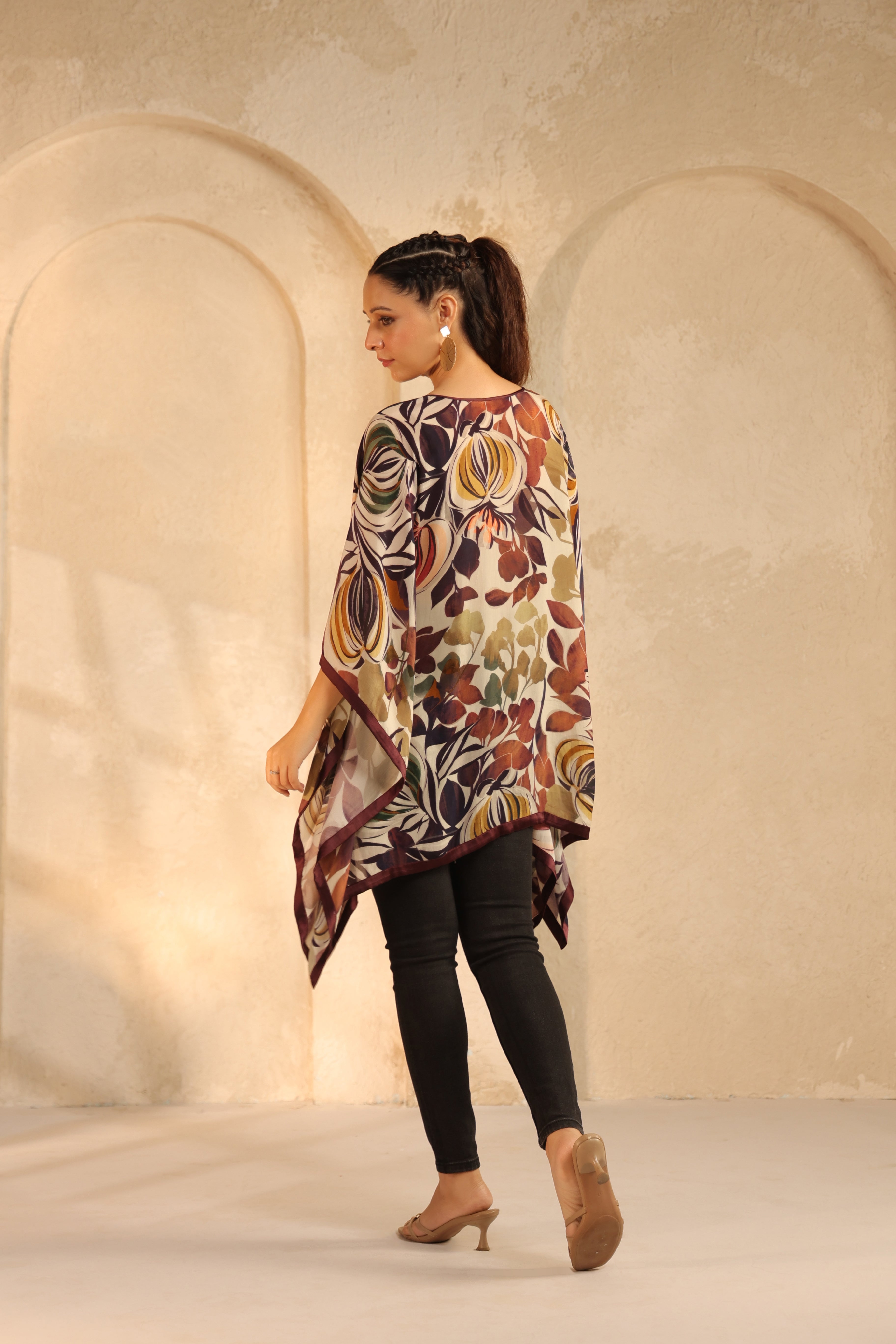 Light Beige Printed Viscose Crepe Kaftan Top