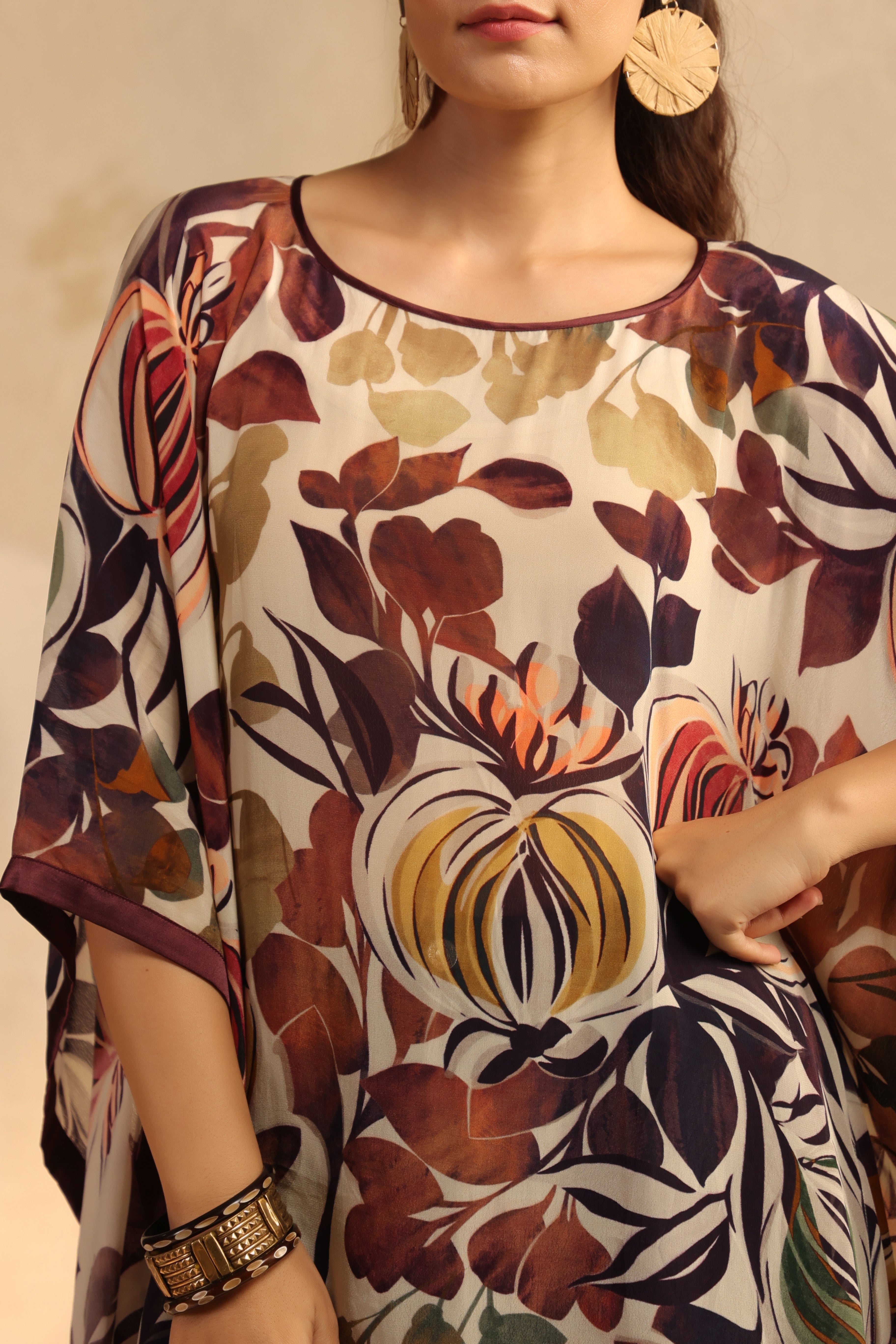 Light Beige Printed Viscose Crepe Kaftan Top