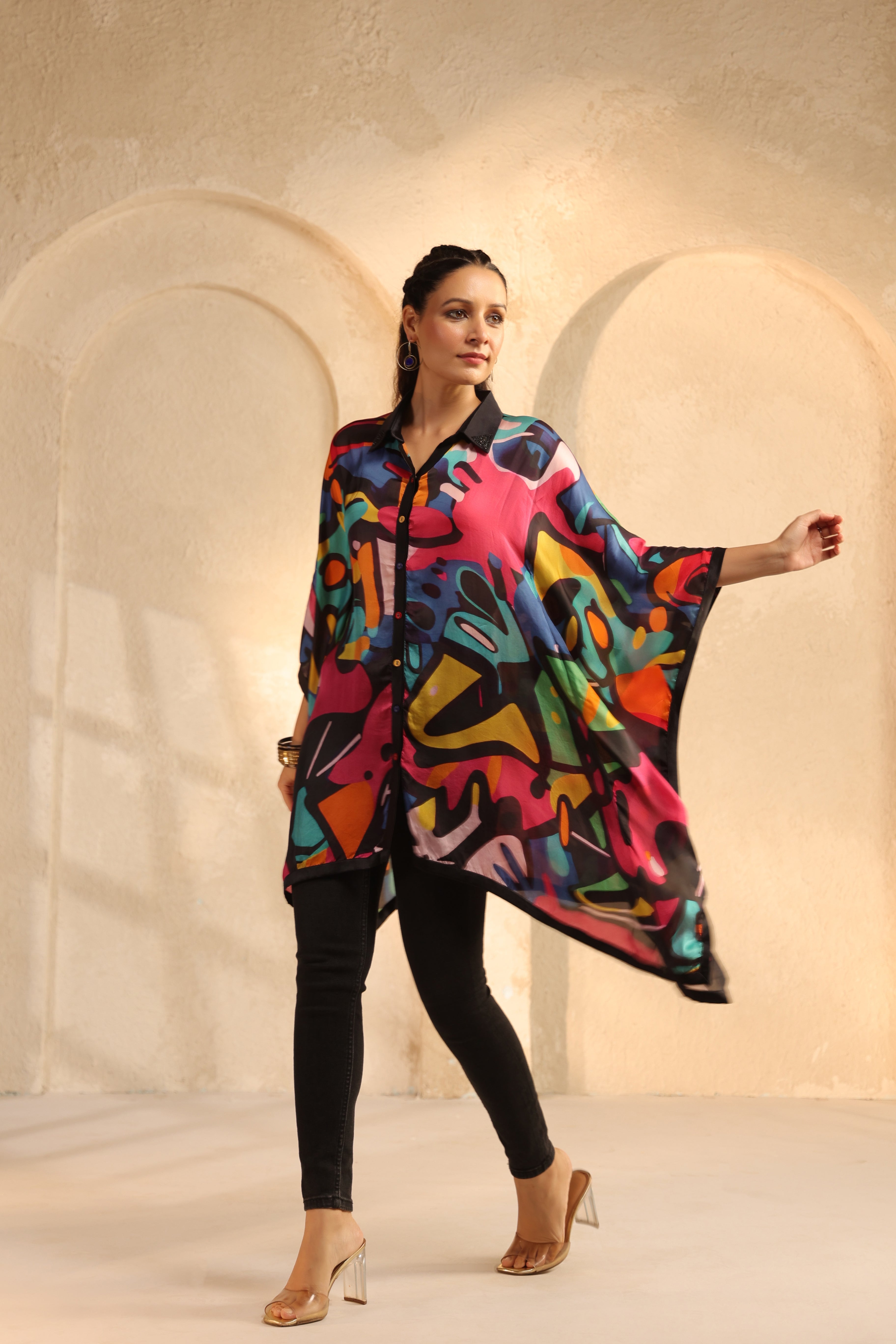 Black Abstract Printed Satin Silk Kaftan Top