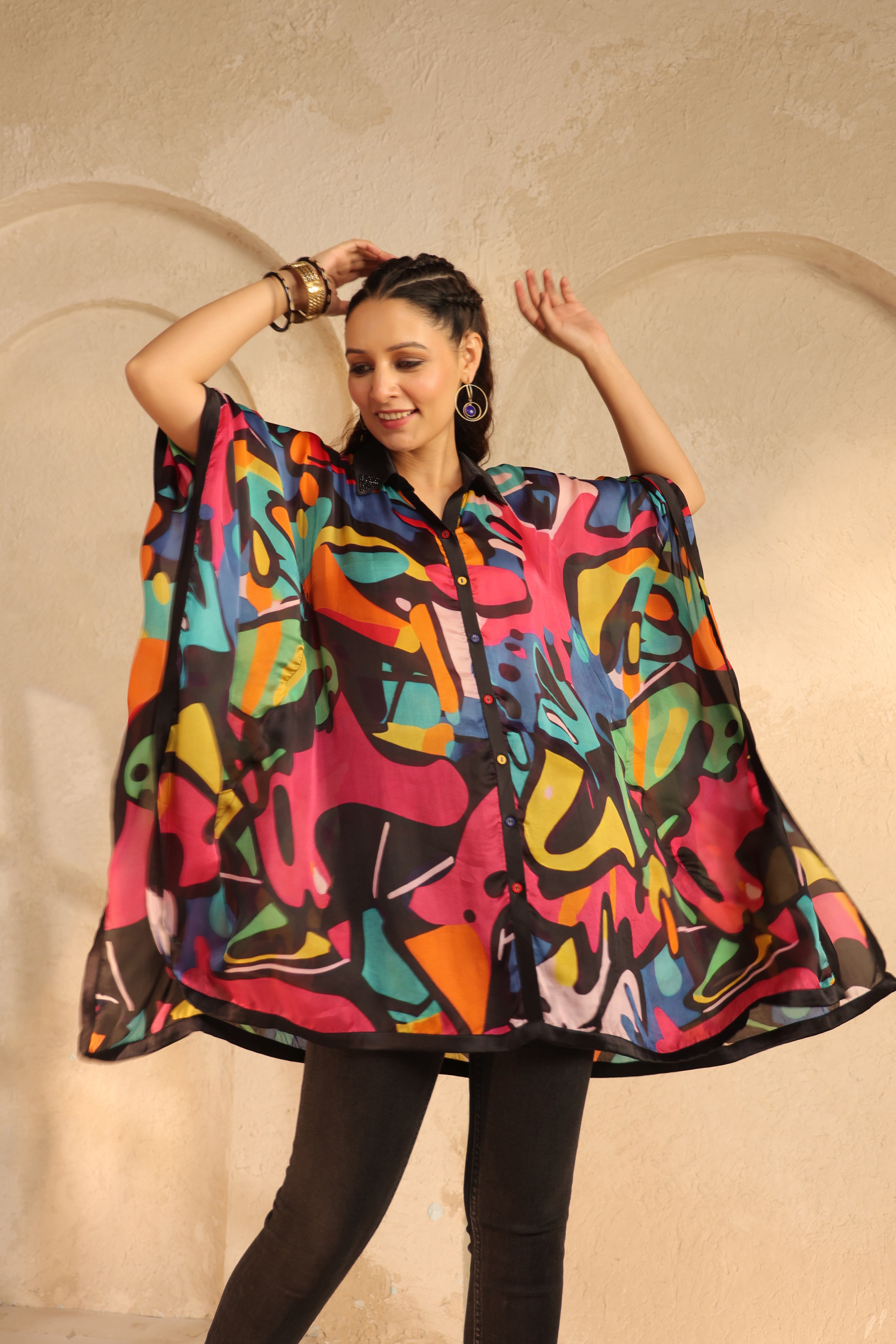 Black Abstract Printed Satin Silk Kaftan Top