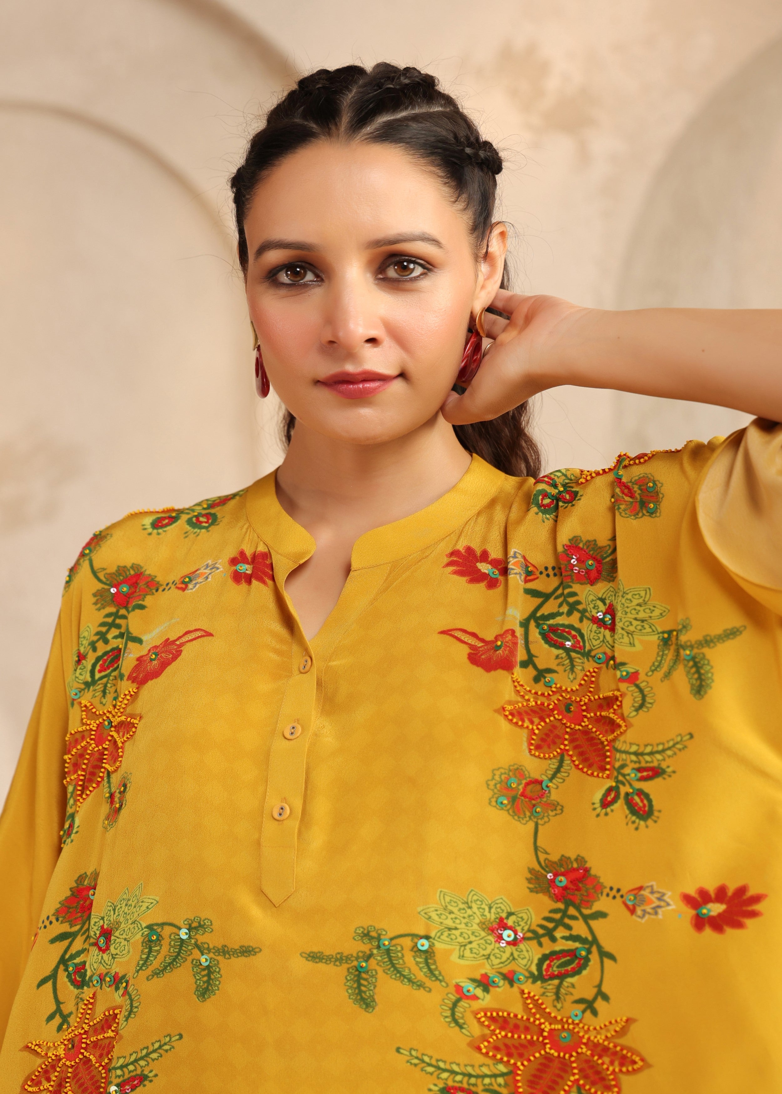 Mustard Yellow Floral Viscose Crepe Palazzo Set