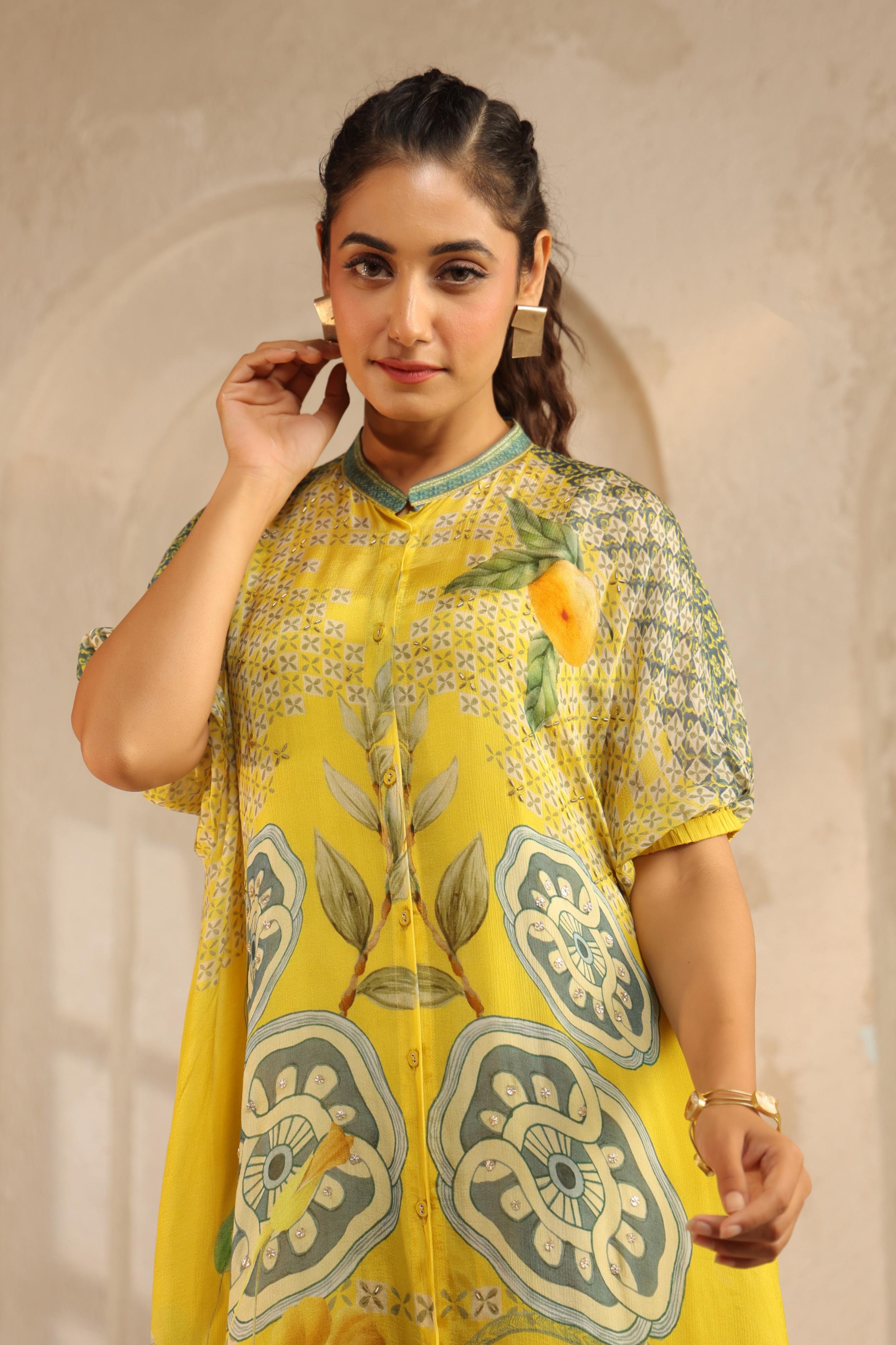Bright Yellow Printed Chinon Kurta Set