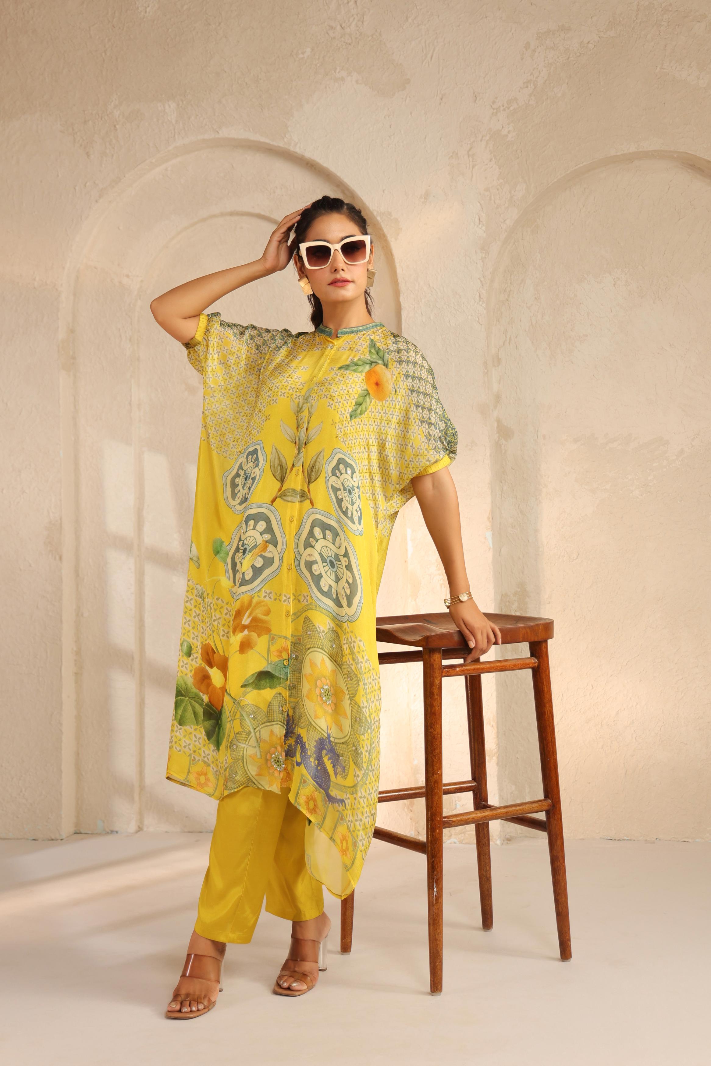 Bright Yellow Printed Chinon Kurta Set