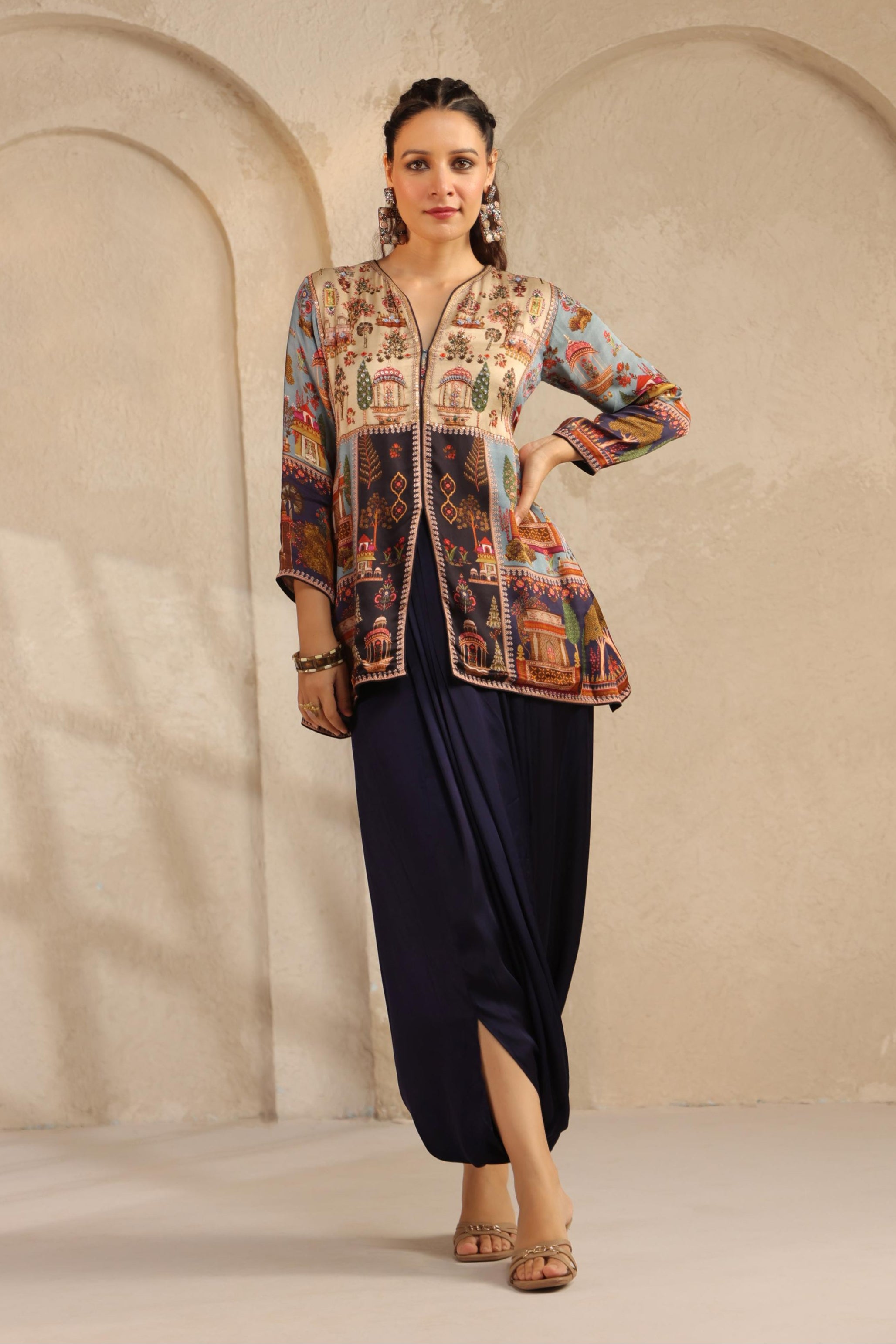 Navy Blue Embellished Modal Satin Dhoti Set