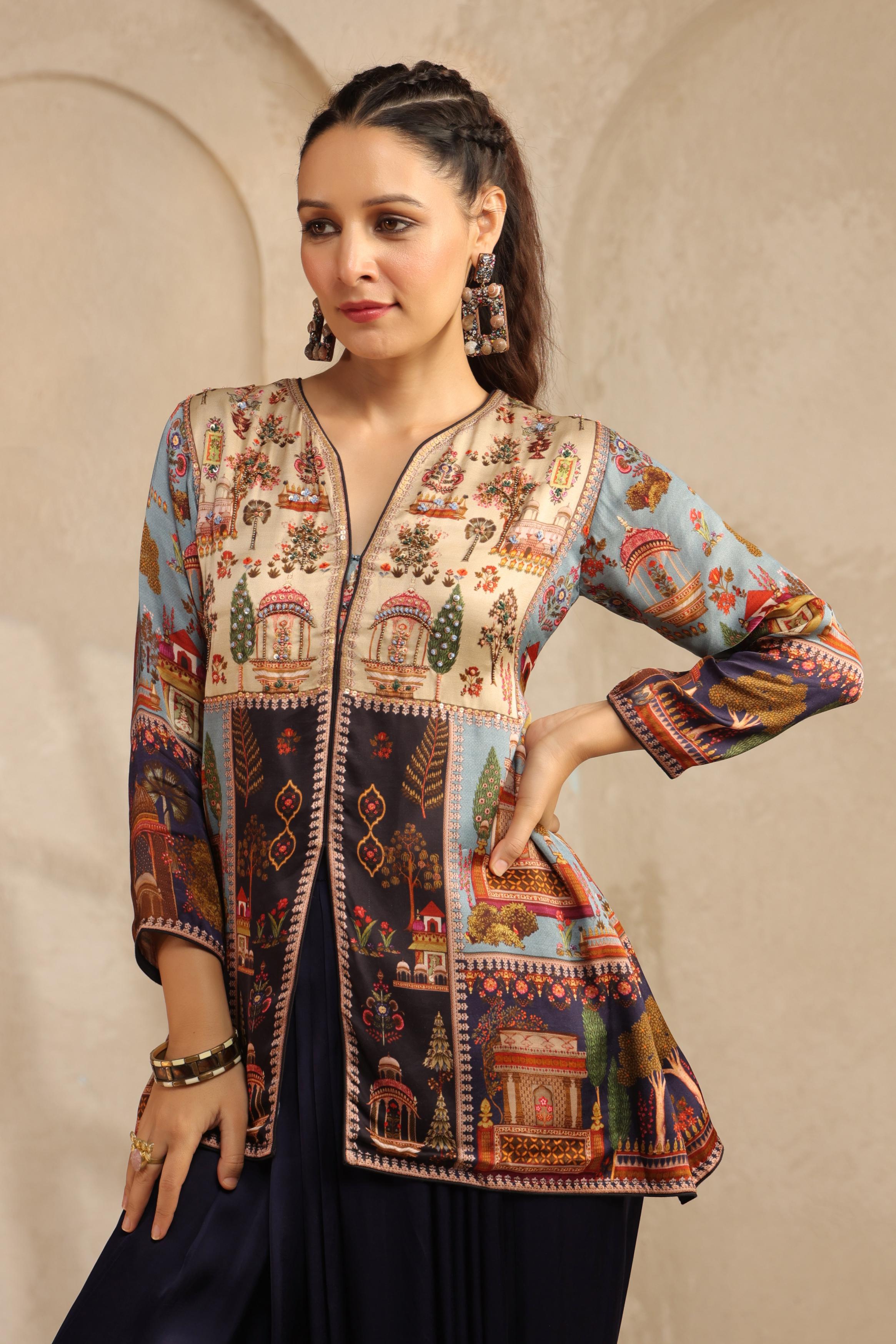 Navy Blue Embellished Modal Satin Dhoti Set