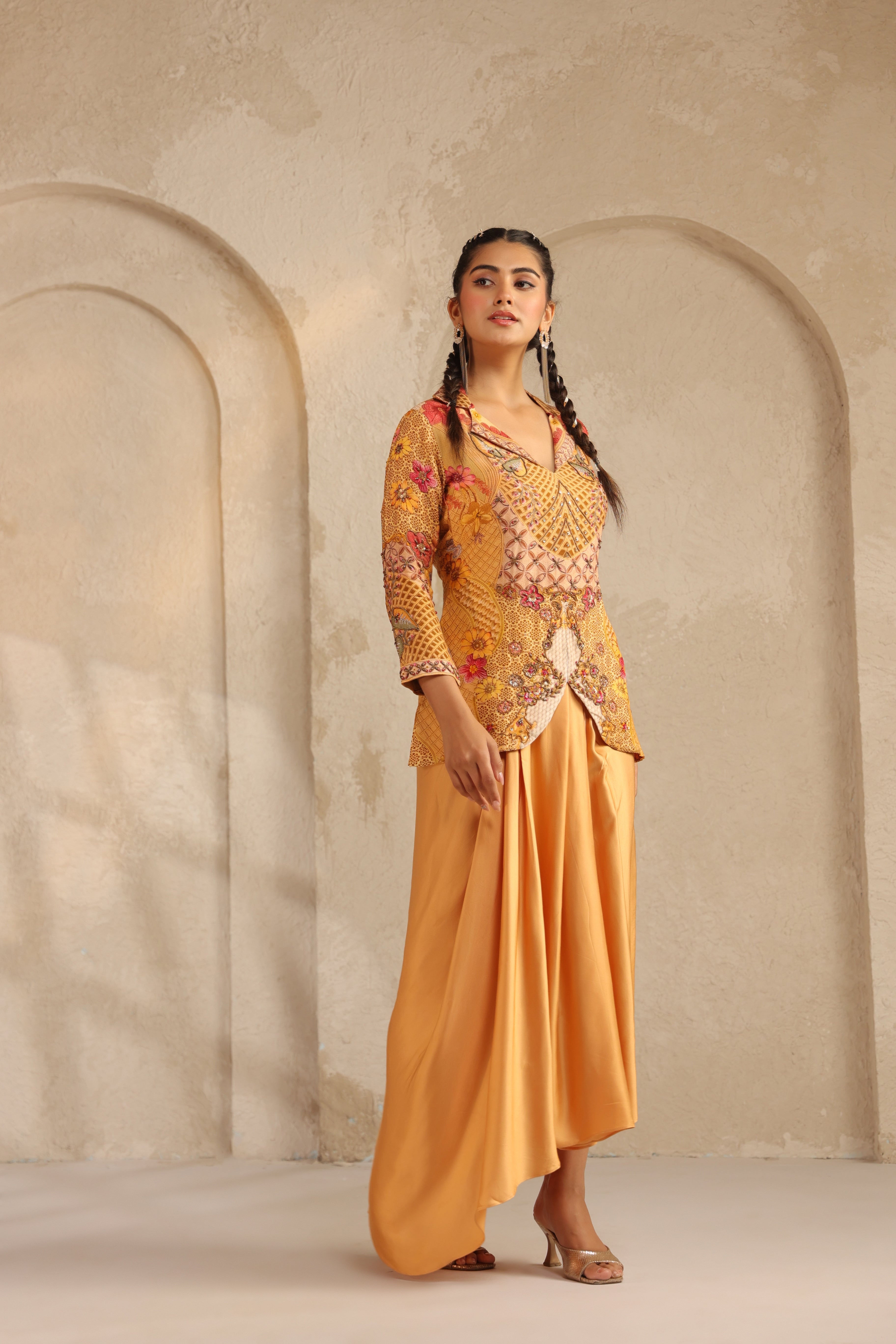Saffron Yellow Printed Dola Silk Drape Skirt Set