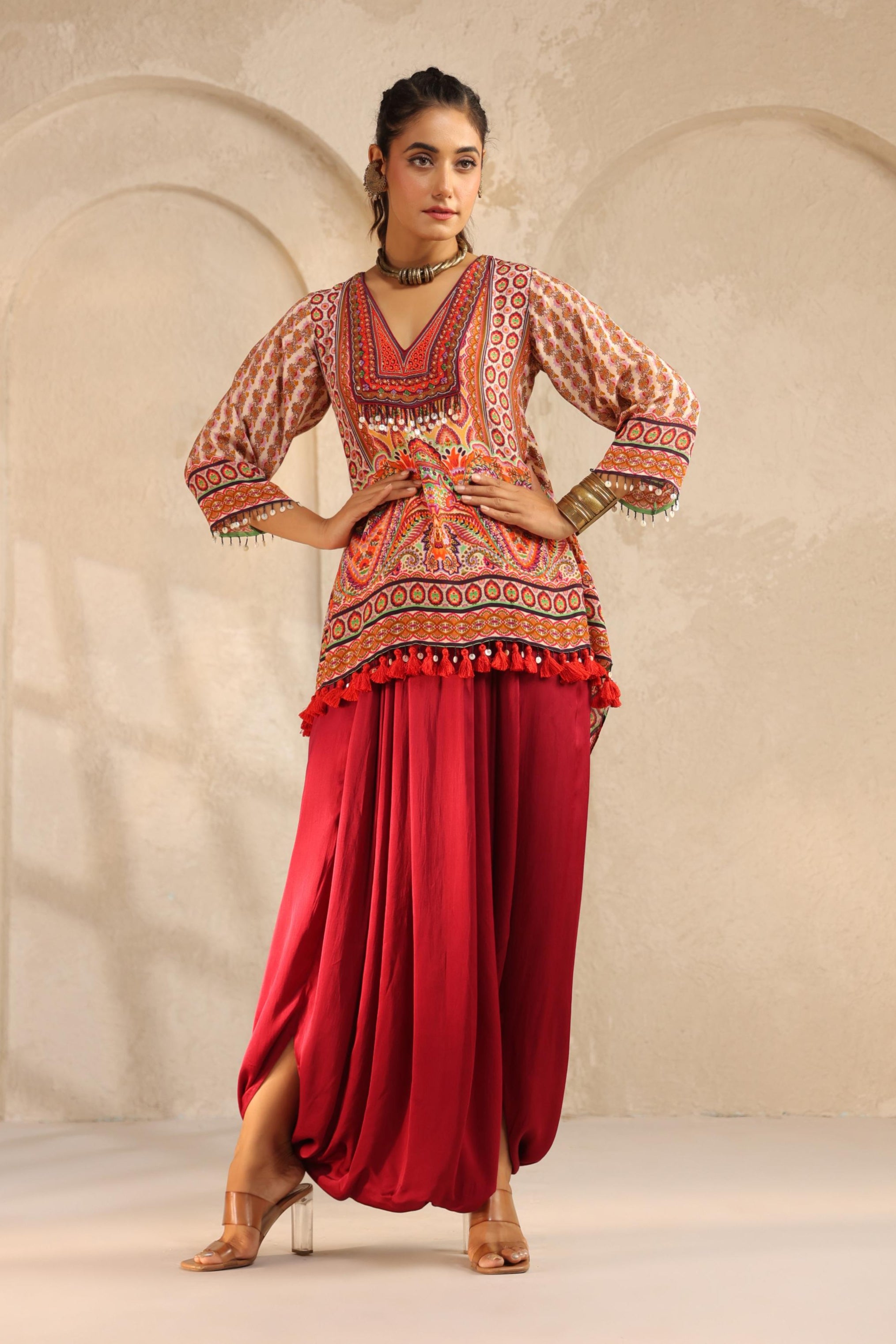 Crimson Red Embellished Modal Satin Dhoti Set