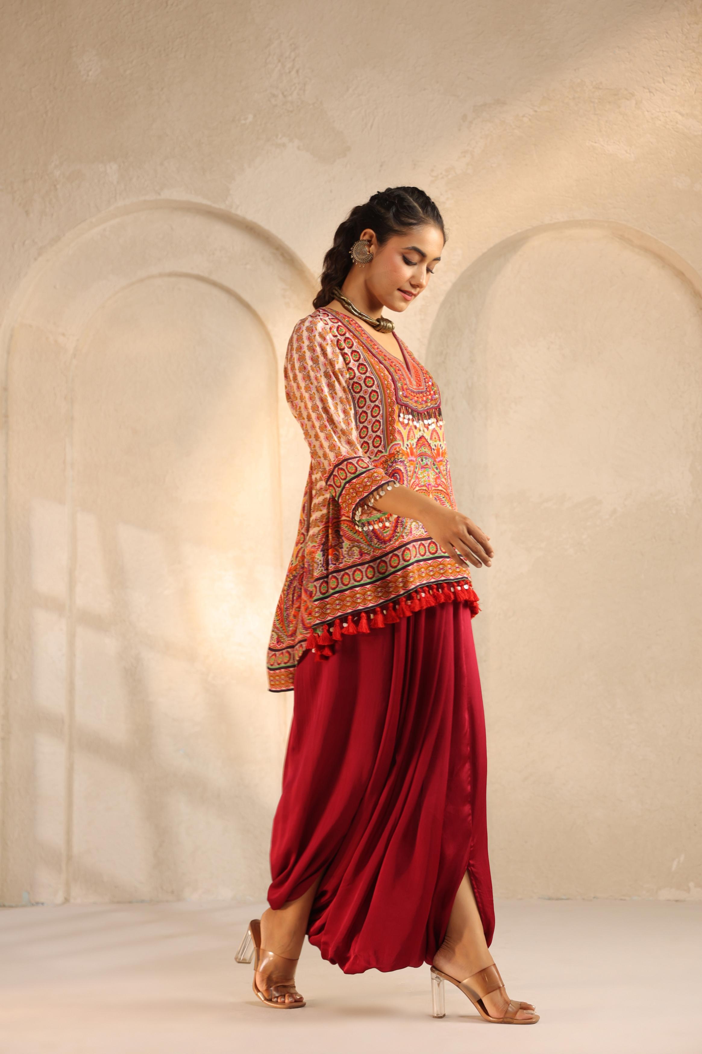 Crimson Red Embellished Modal Satin Dhoti Set