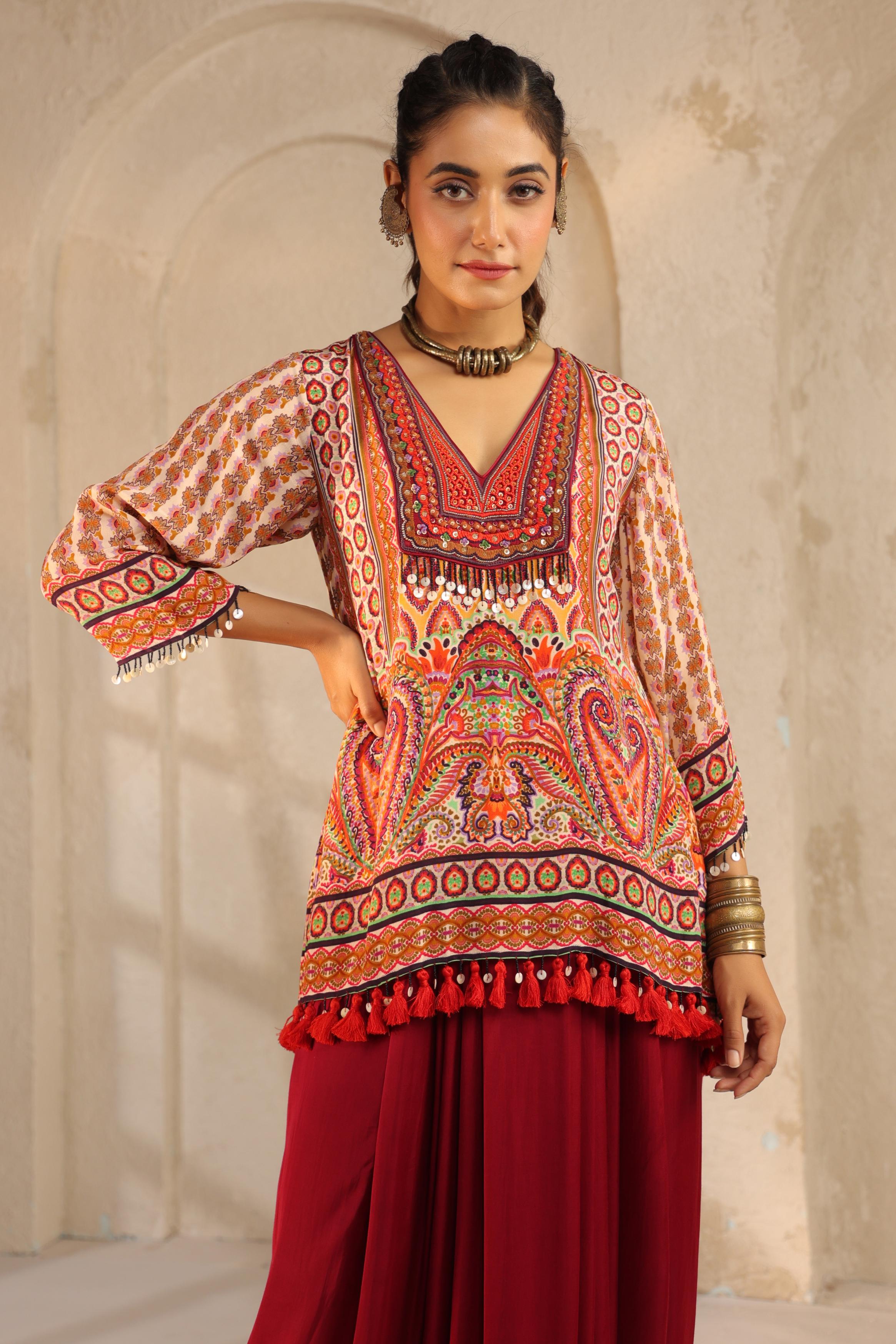 Crimson Red Embellished Modal Satin Dhoti Set