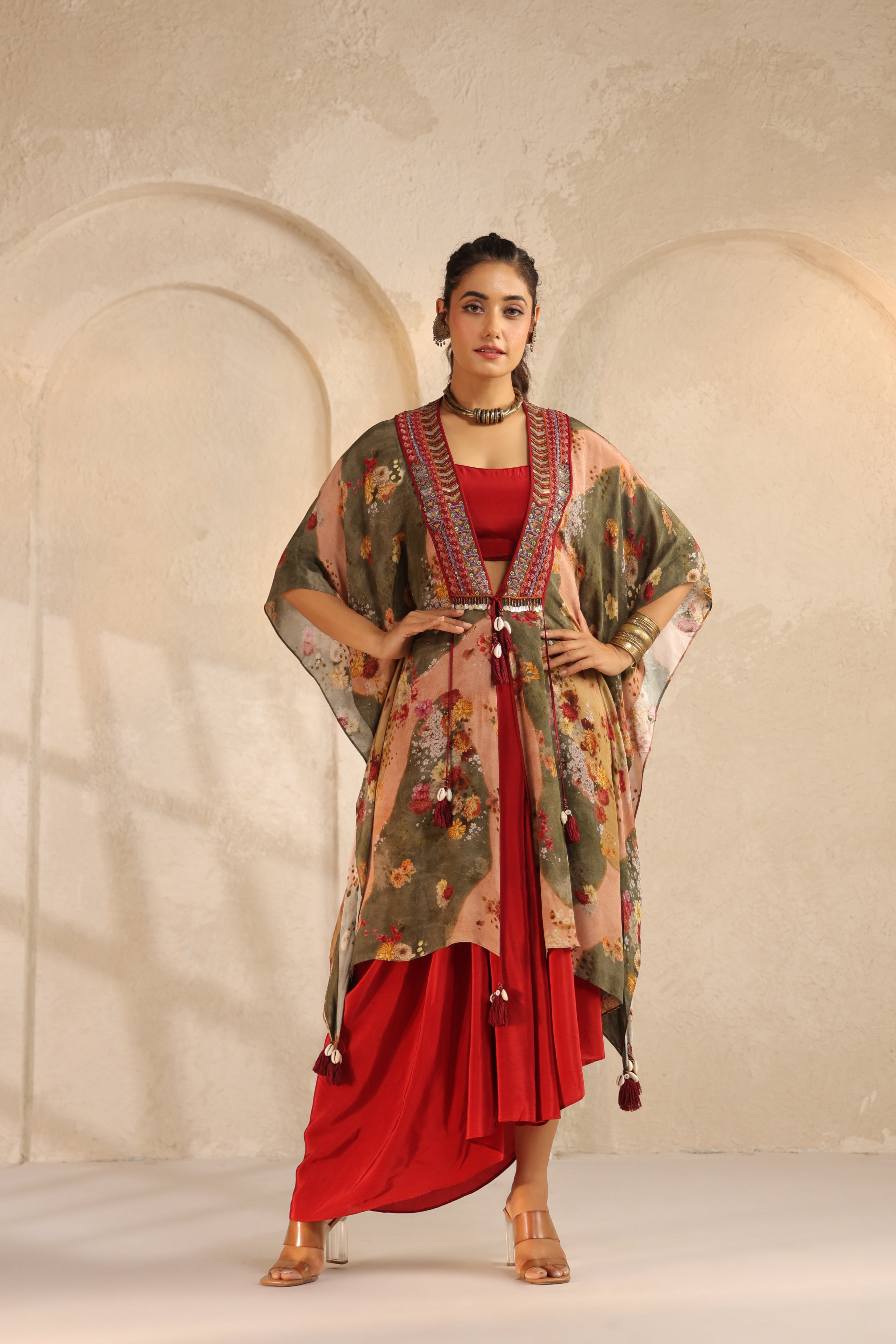 Vibrant Red Printed Viscose Crepe Cape Set