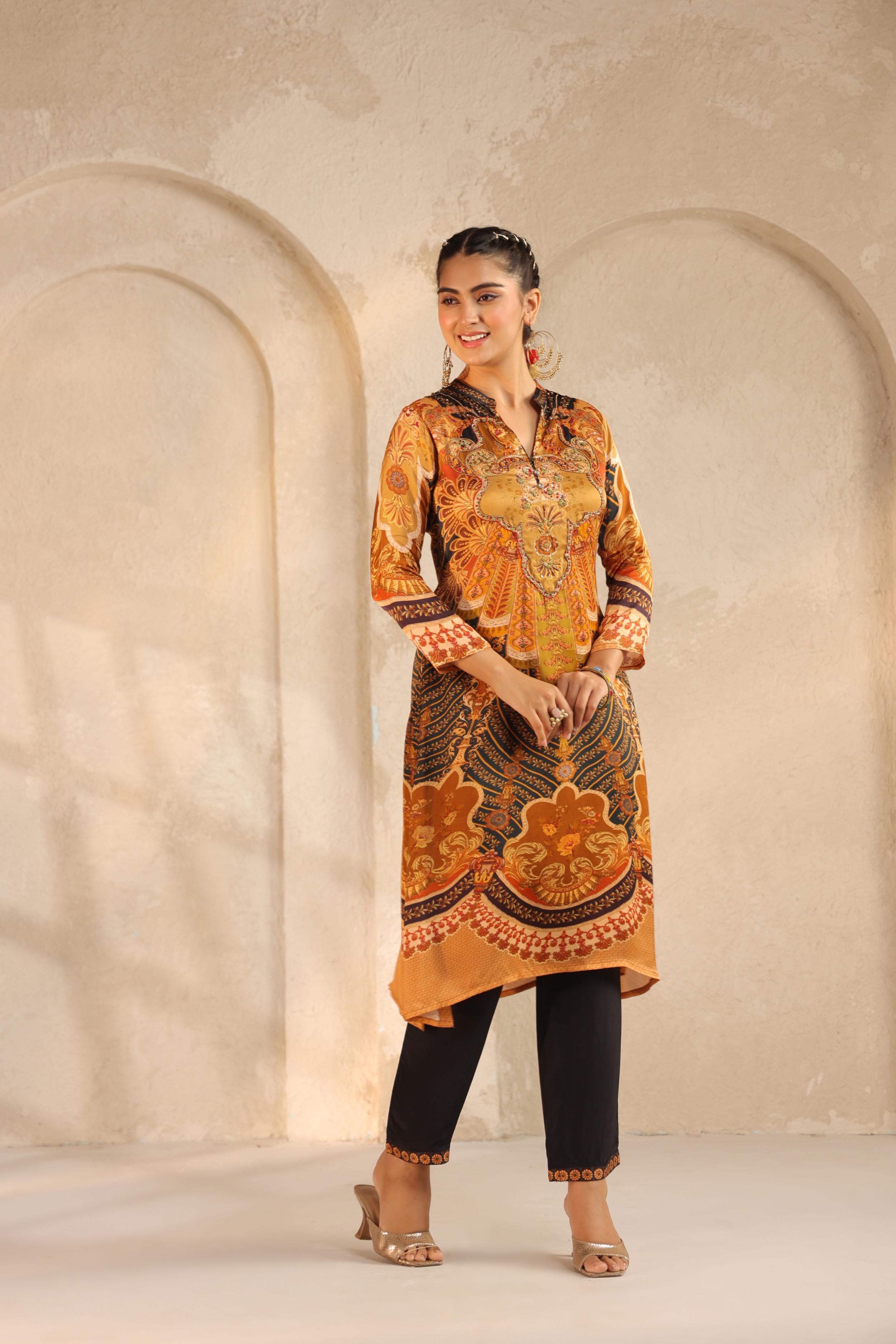 Mustard Yellow Printed Modal Satin Kurta Set