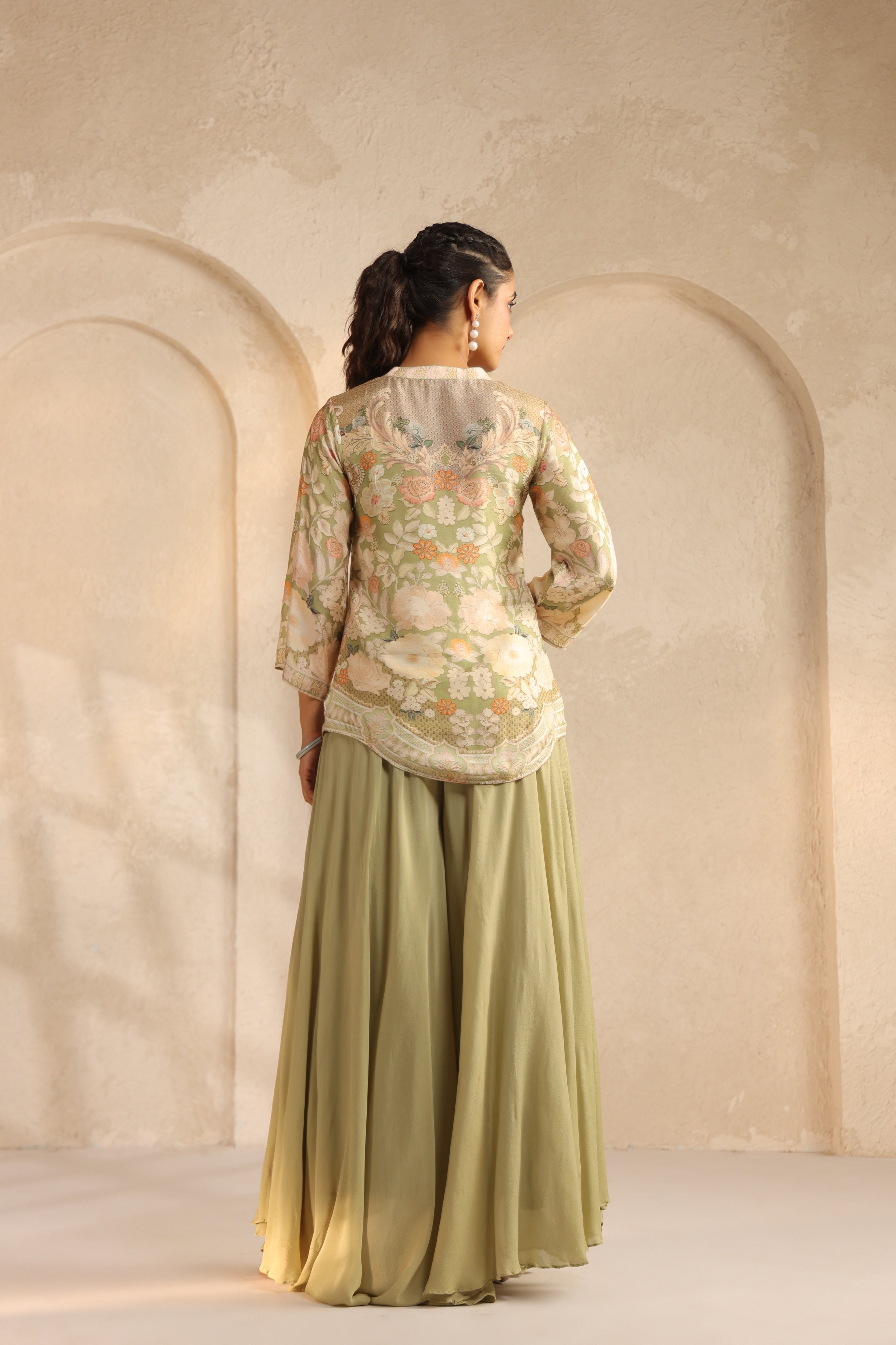 Pistachio Green Printed Chinon Silk Palazzo Set