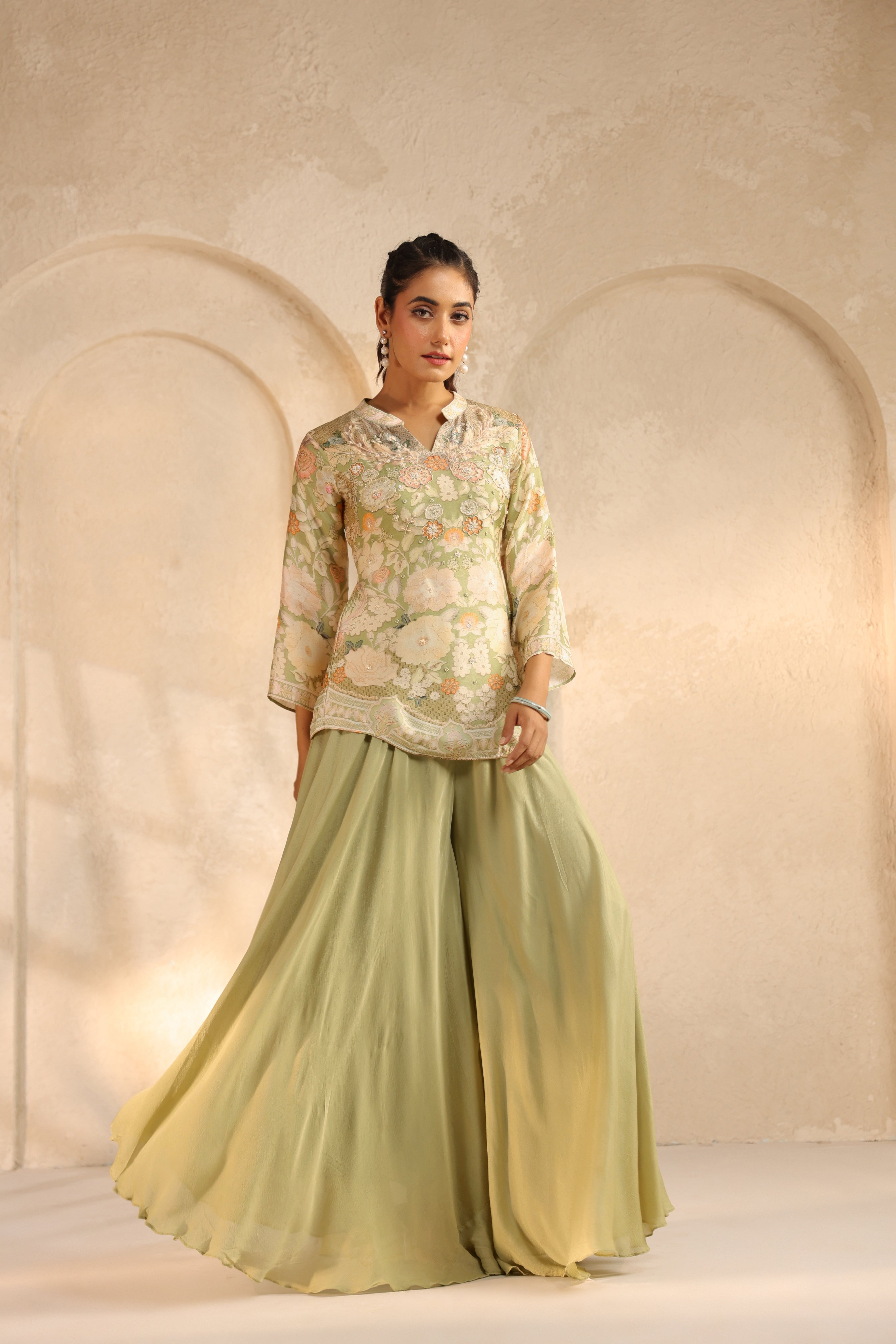 Pistachio Green Printed Chinon Silk Palazzo Set