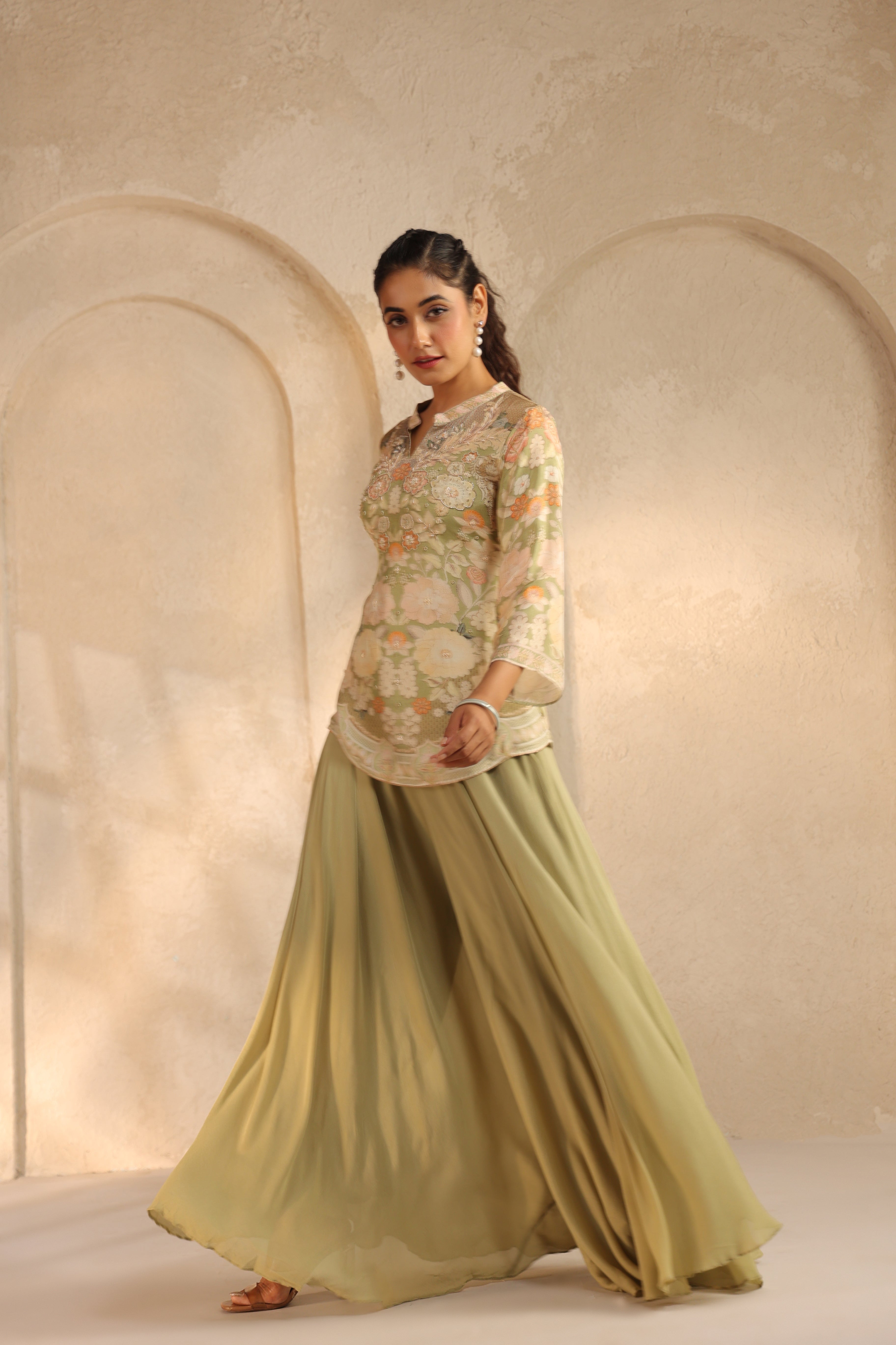 Pistachio Green Printed Chinon Silk Palazzo Set